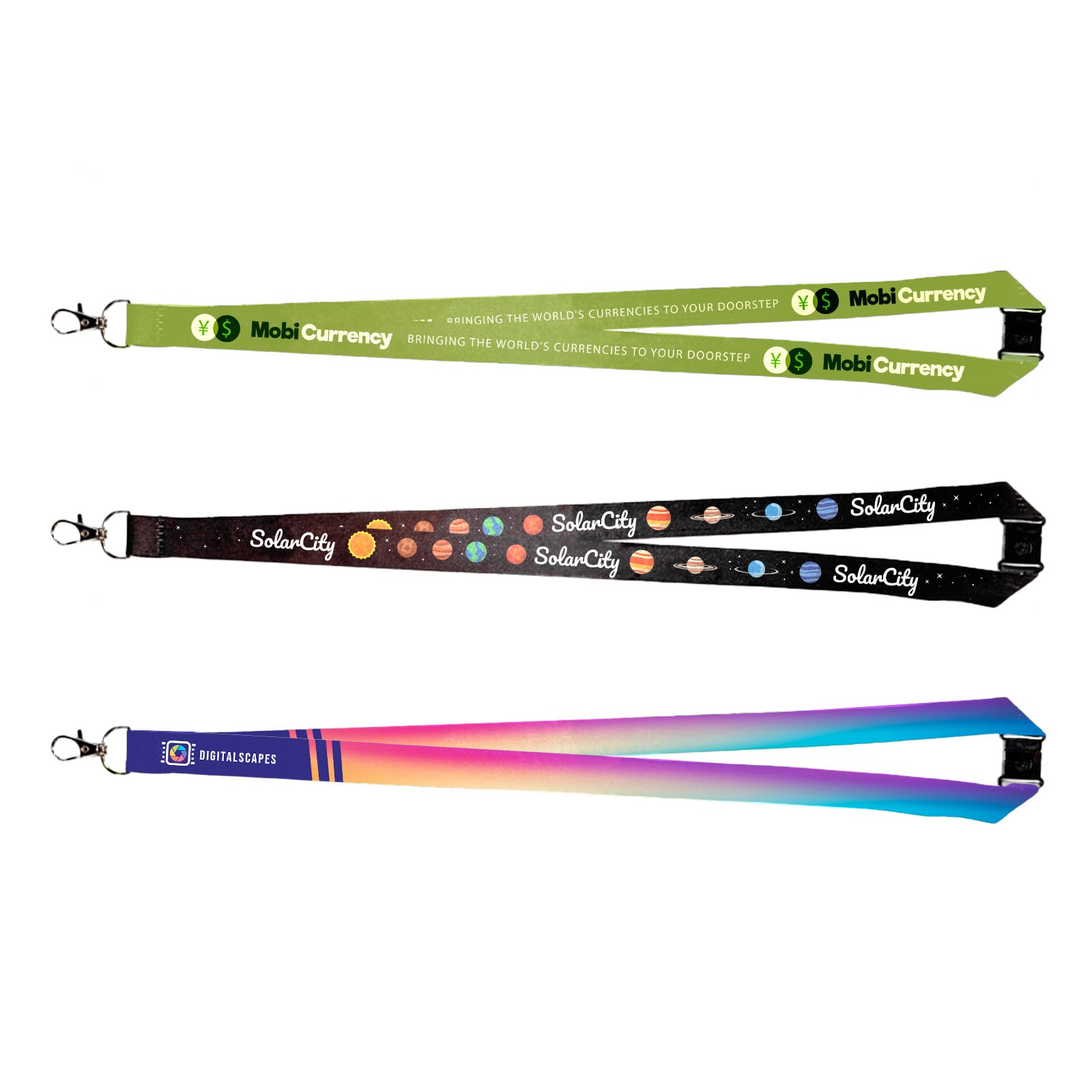 Three lanyards in various designs: a green lanyard with text, a black lanyard featuring a celestial theme, and a multicolored gradient lanyard.