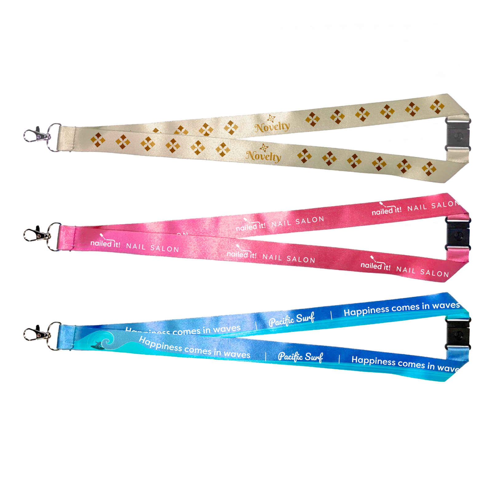 Three lanyards in gold, pink, and blue with clips. Each has distinctive patterns and a branding logo.