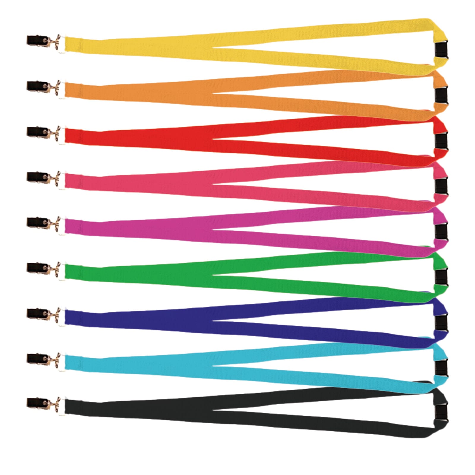 A set of ten woven lanyards in various colors, including orange, red, pink, green, and black, each with a clip.