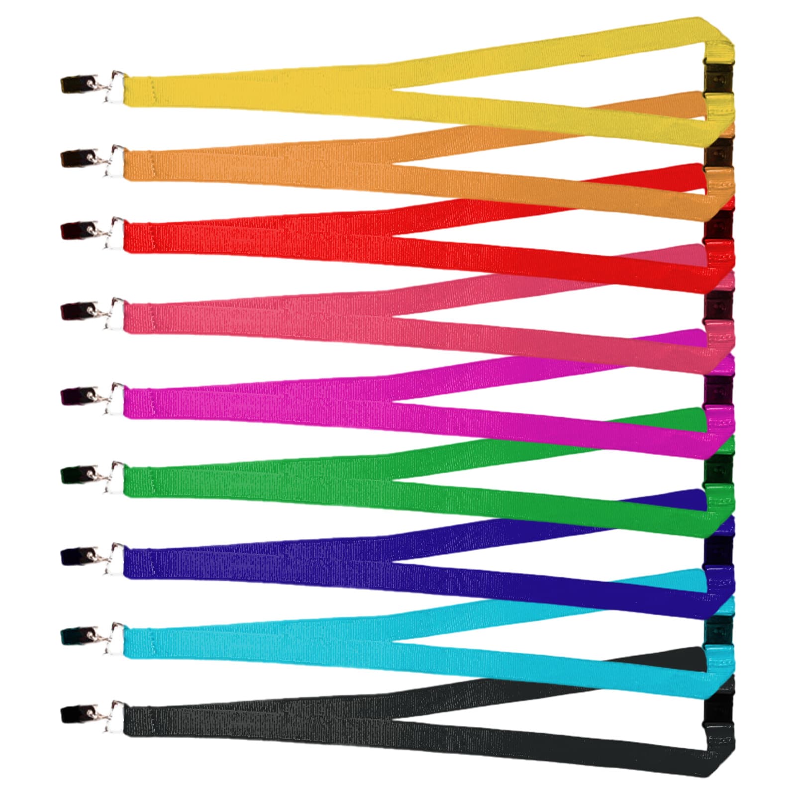 A collection of woven lanyards in various colors, including yellow, red, pink, green, blue, purple, and black, with clips.