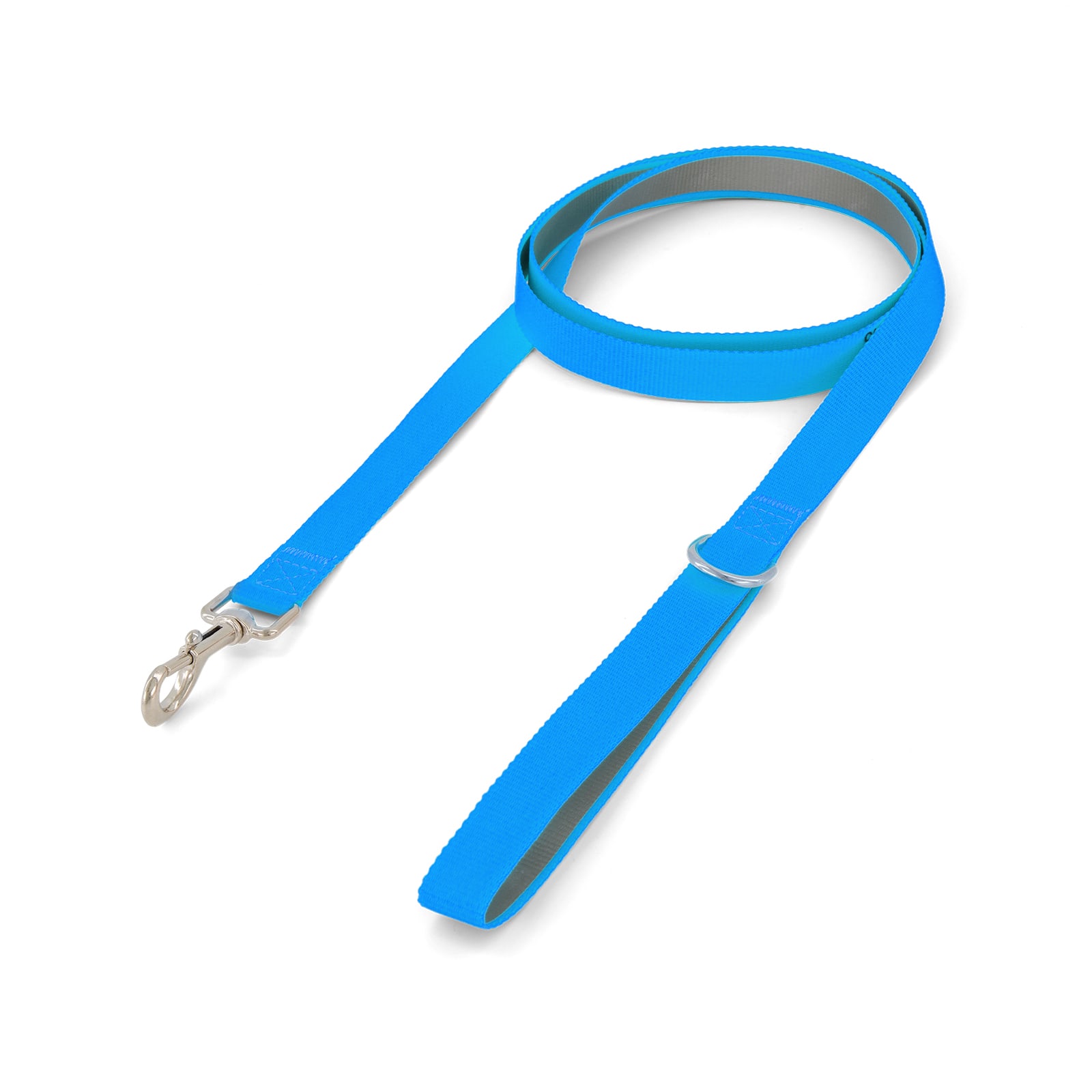 A bright blue printed dog lead with a silver clip and a grey inner lining. It has a sleek, smooth design.