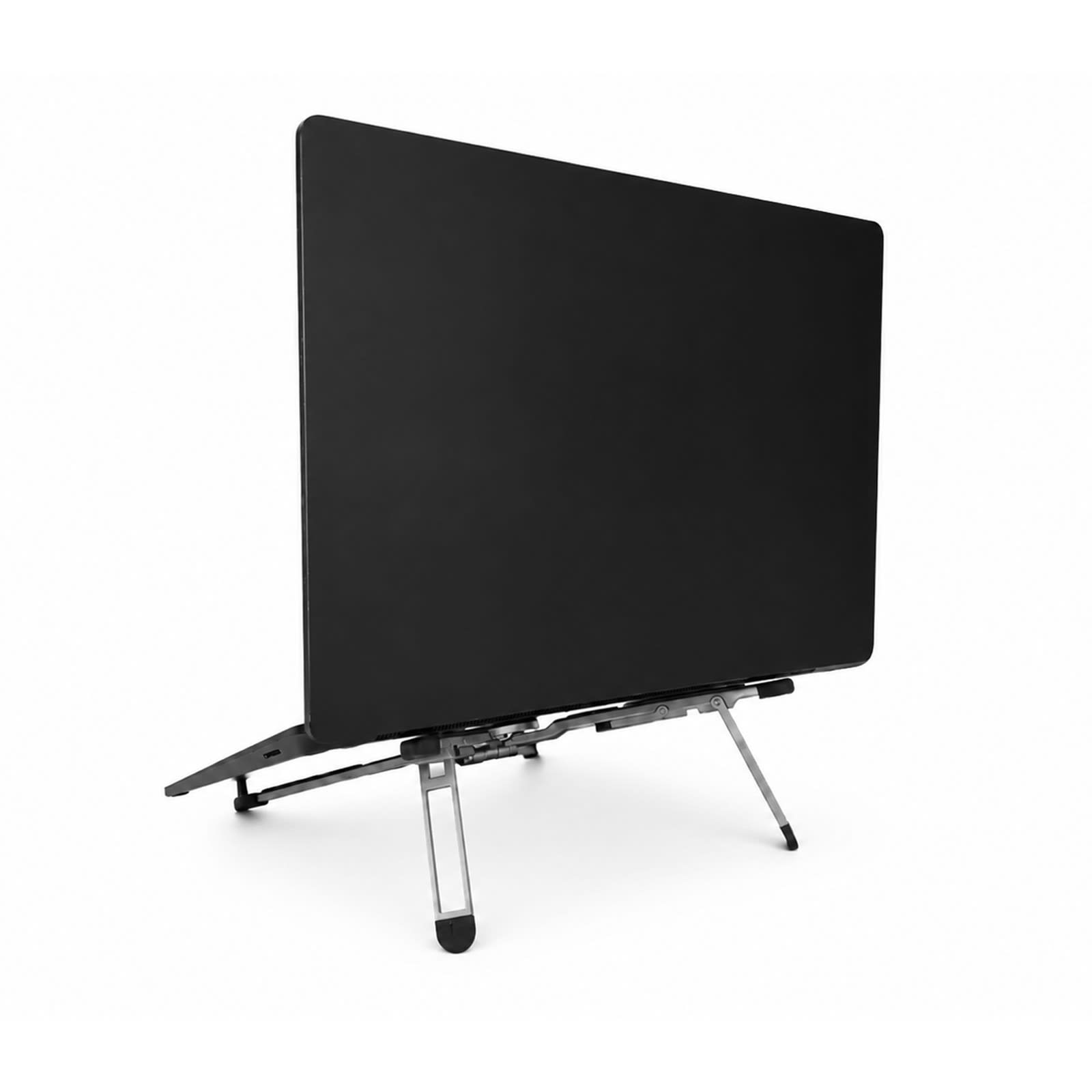 A black spider device stand with adjustable silver legs, angled for stability and support.