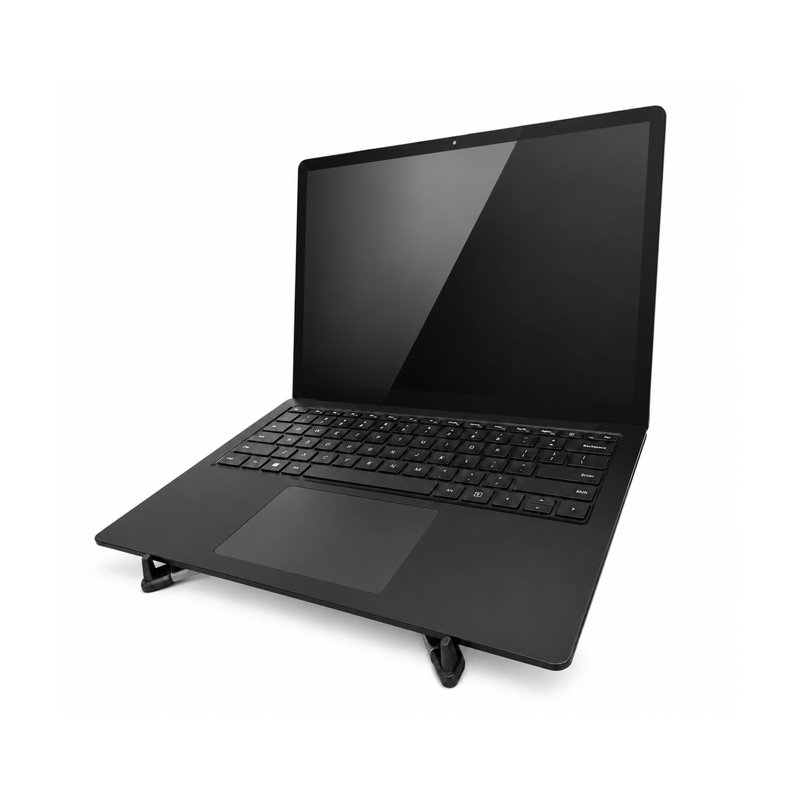 A black laptop on a black stand, with a sleek design and a visible keyboard and trackpad. The stand has a minimalist style.