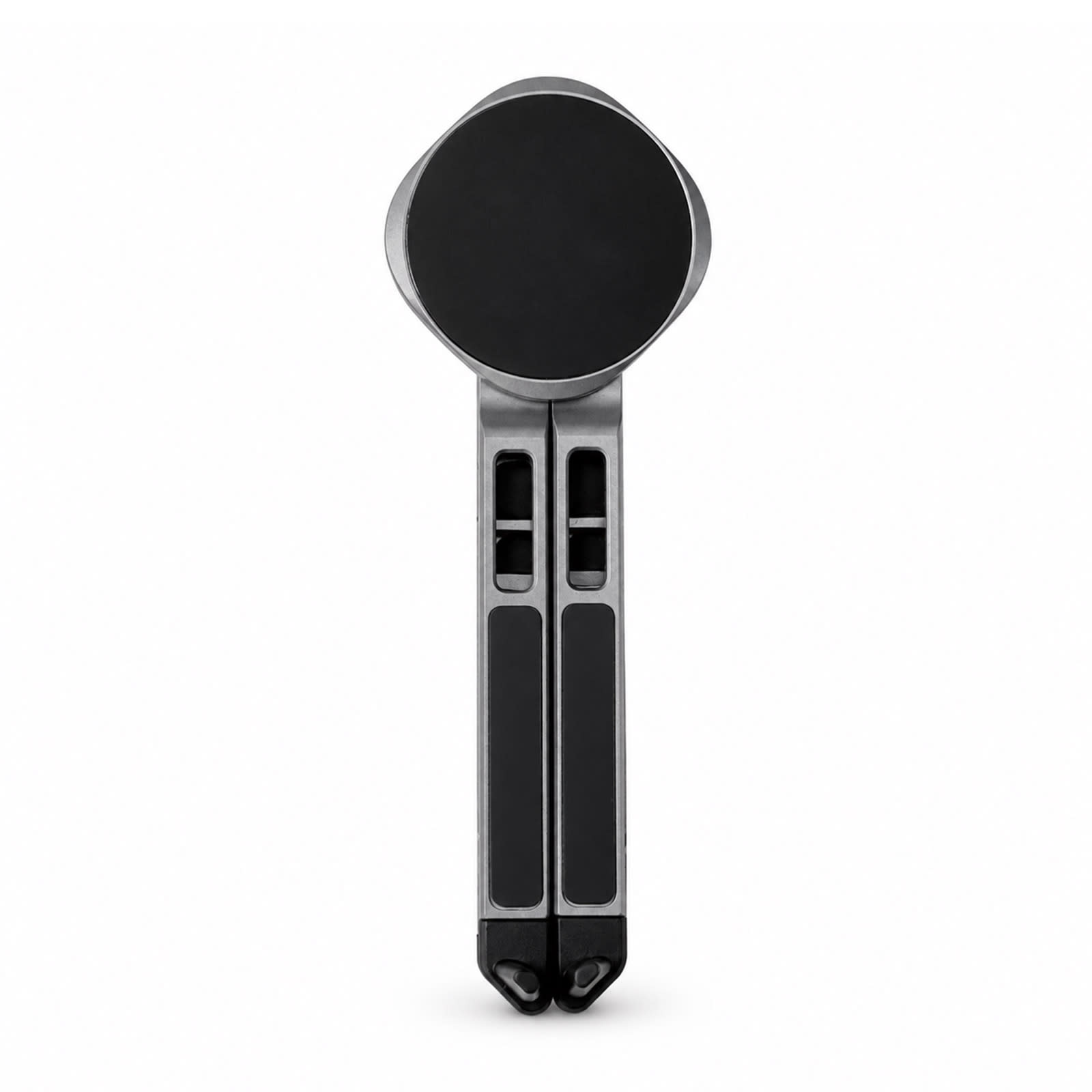 A sleek, silver and black Spider Device Stand with a round base and two adjustable arms.