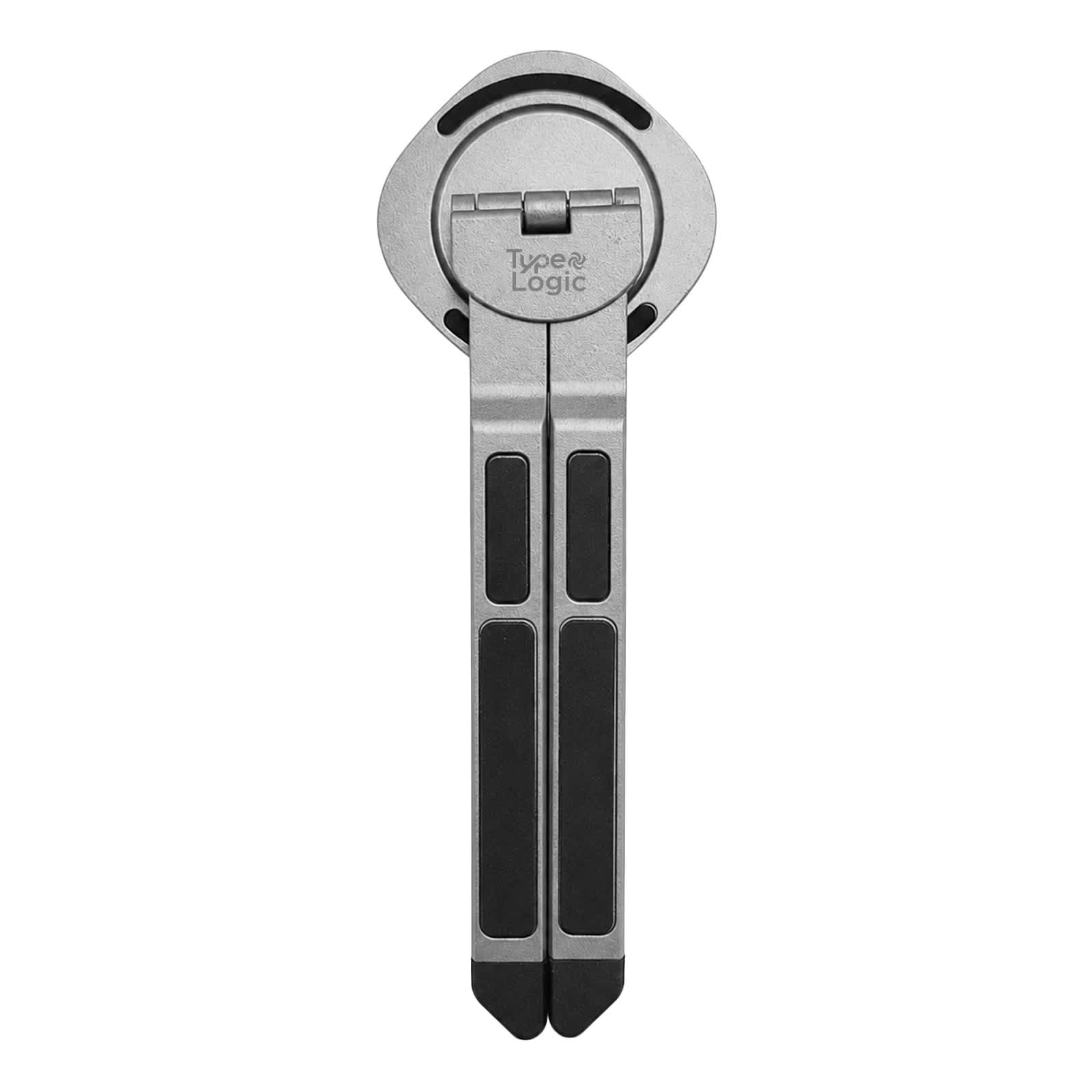 A silver and black Spider Device Stand with a circular top and two folding arms, featuring a logo.