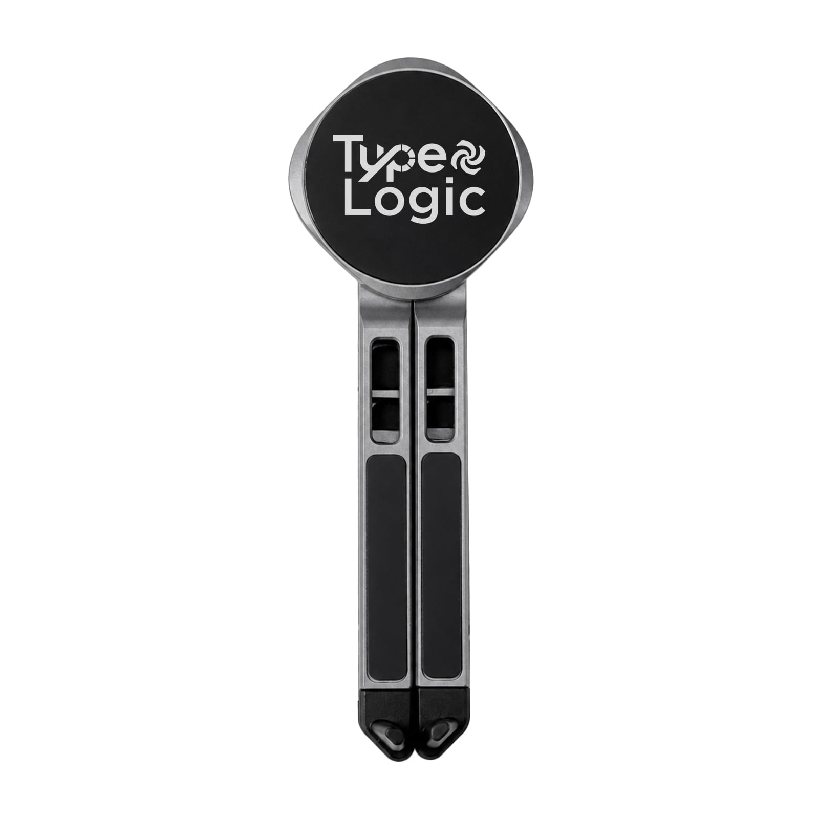 A silver and black device stand with a circular top and two vertical arms, featuring a logo on the top.