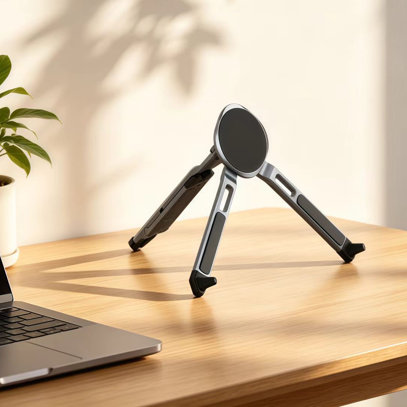 A grey and black spider device stand is positioned on a wooden desk next to a laptop and a potted plant.