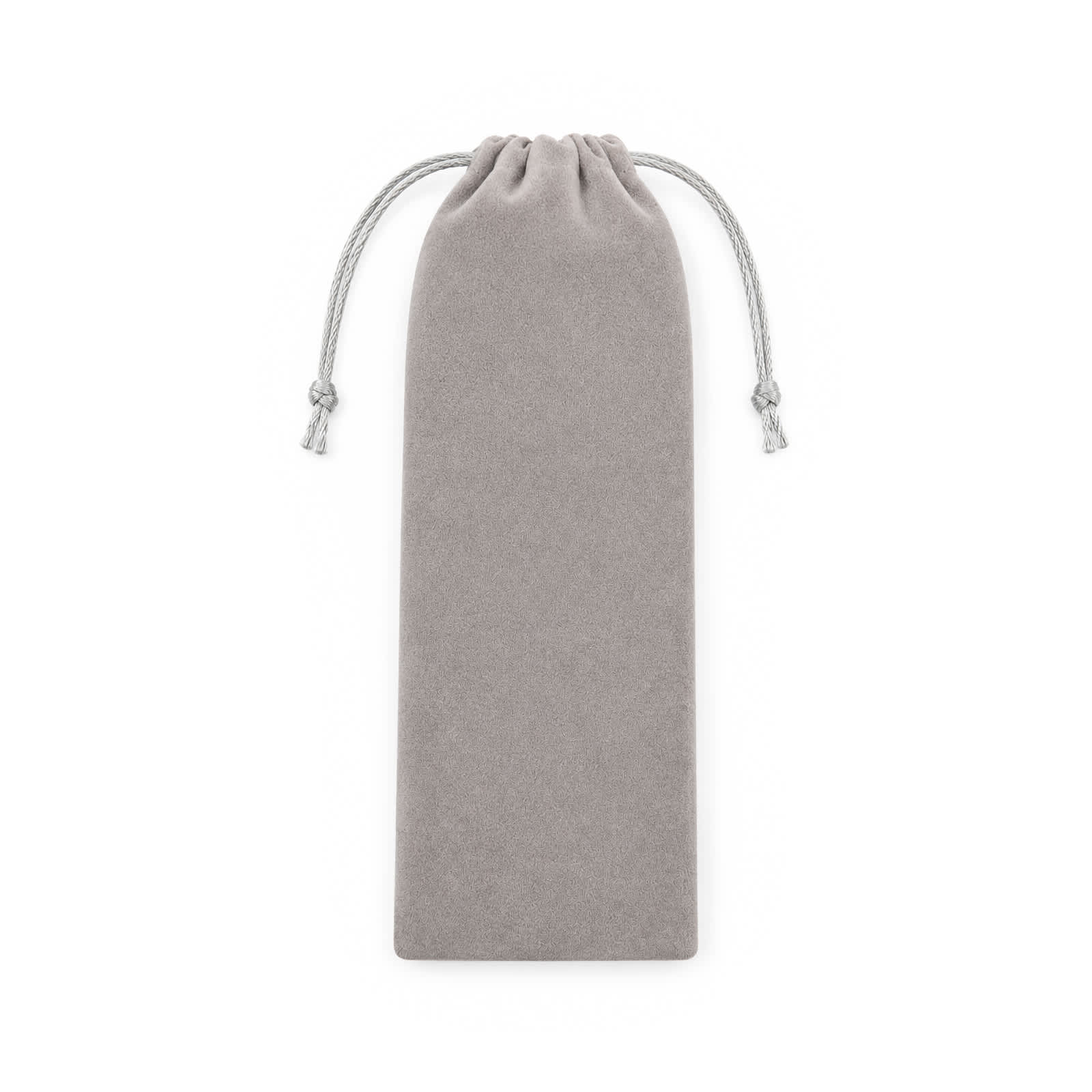 A grey drawstring pouch with a soft texture, featuring a silver cord for closure and a plain design.