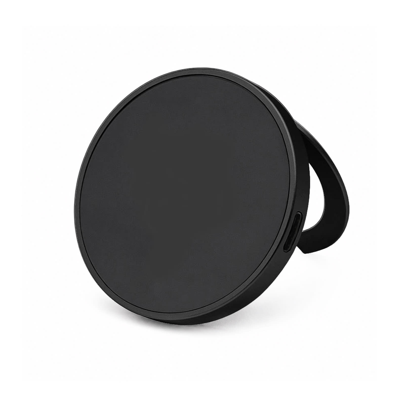 A black magnetic phone and watch charger with a stand, featuring a sleek circular design.
