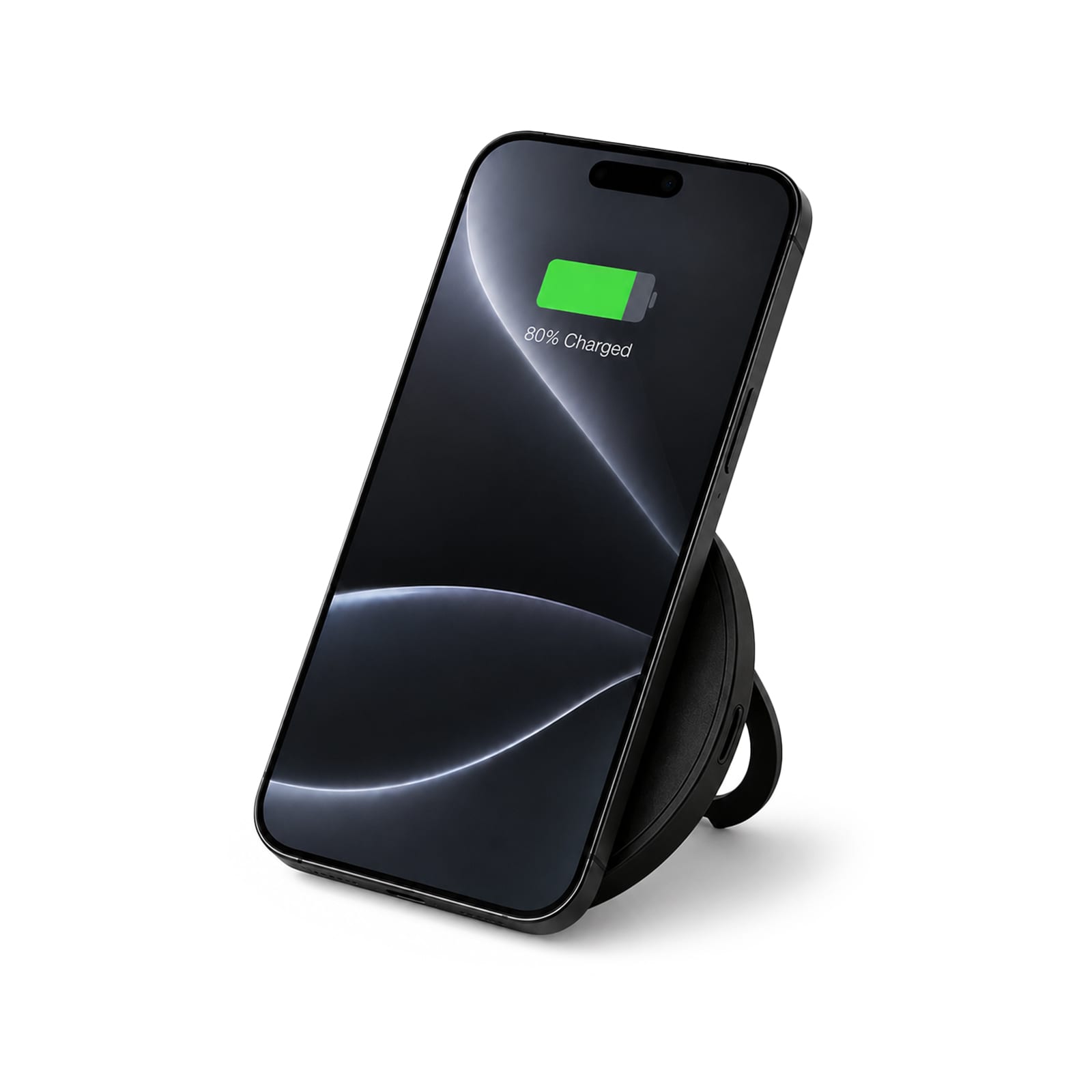A black magnetic phone and watch charger with stand, featuring a sleek design and a phone displaying a charging status.