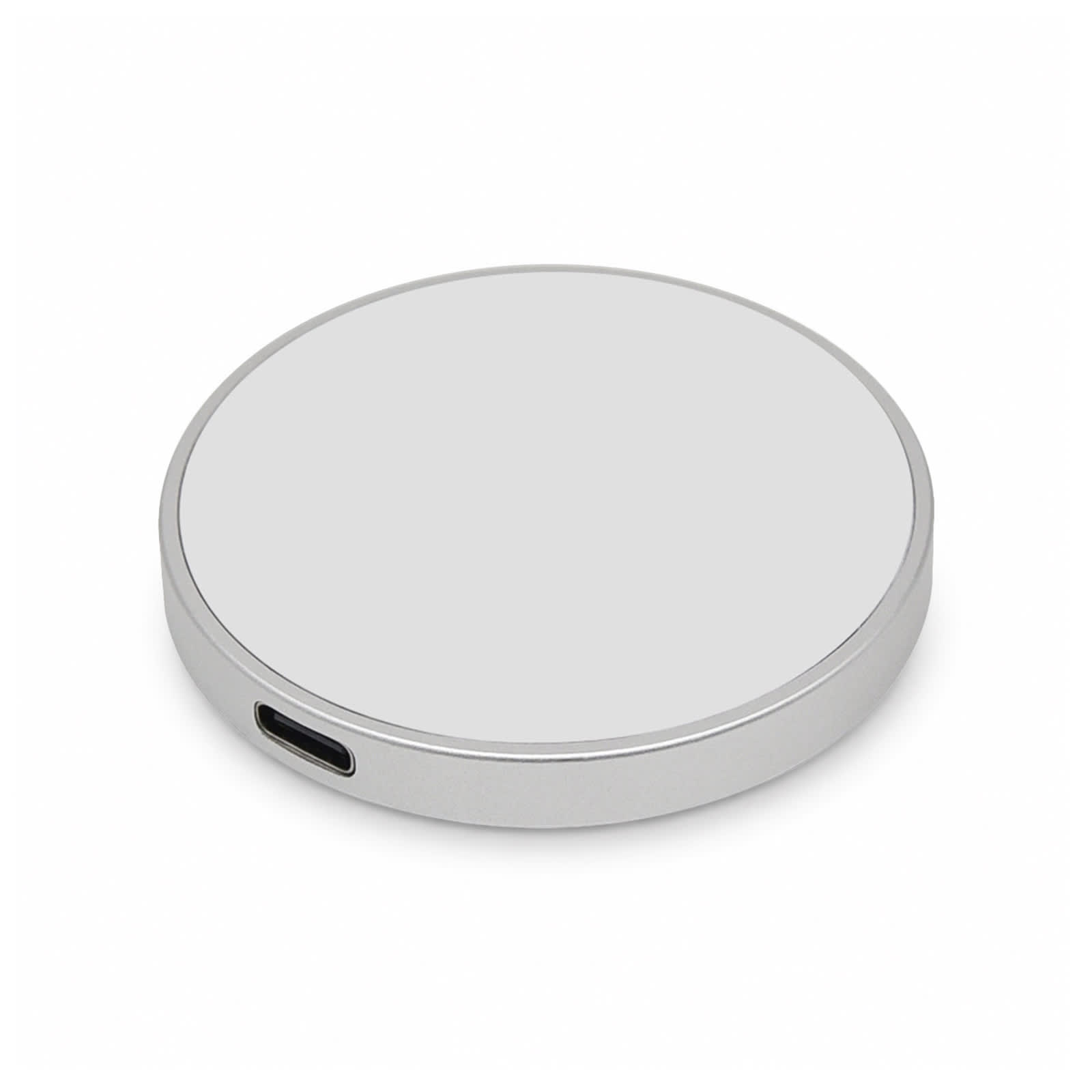 A silver circular wireless charger with a USB-C port, featuring a smooth surface and simple design.