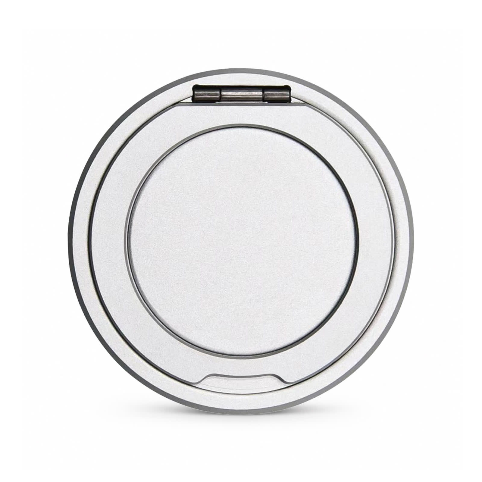 A round, silver magnetic charger with a stand, featuring a smooth surface and a hinged element.