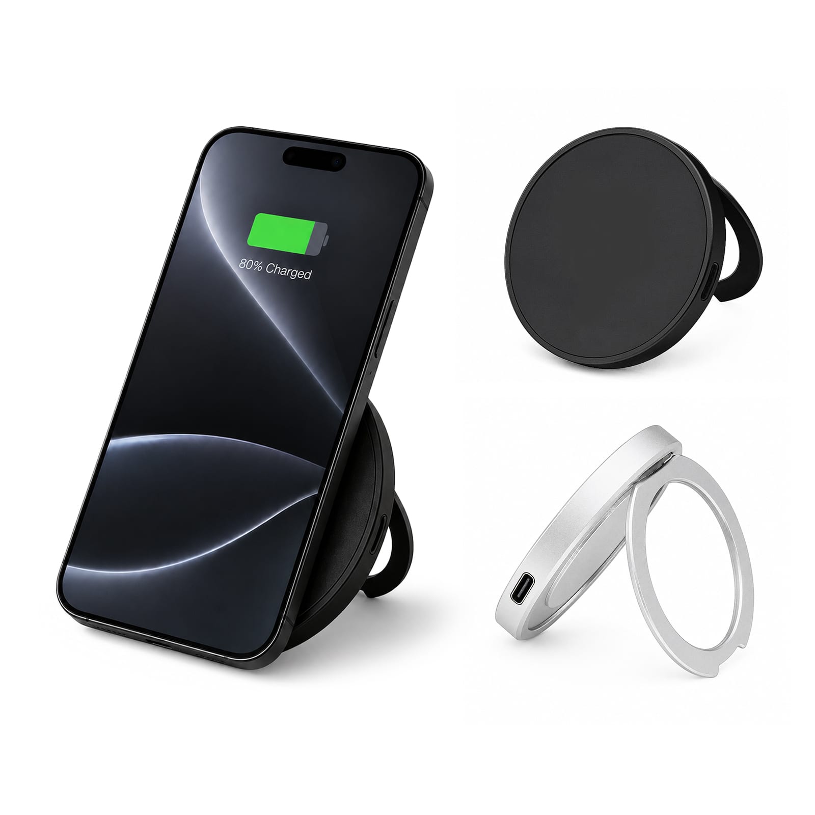 A black magnetic phone and watch charger with a stand, featuring a sleek design and a silver connector.