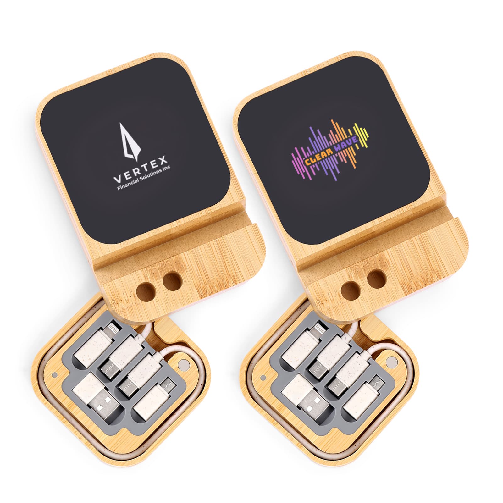 A bamboo wireless charger set featuring a black top with logos and multiple charging connectors in a compact design.
