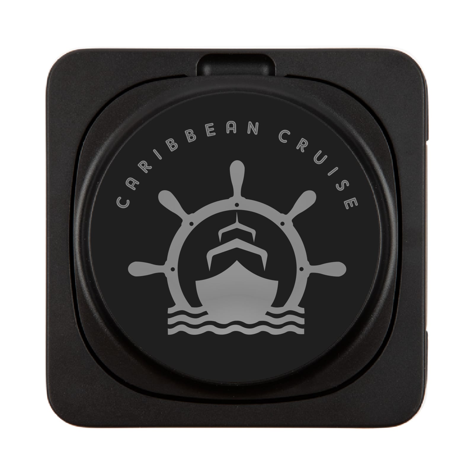 A black wireless charger featuring a ship's wheel and silhouette of a ship. It includes a logo.