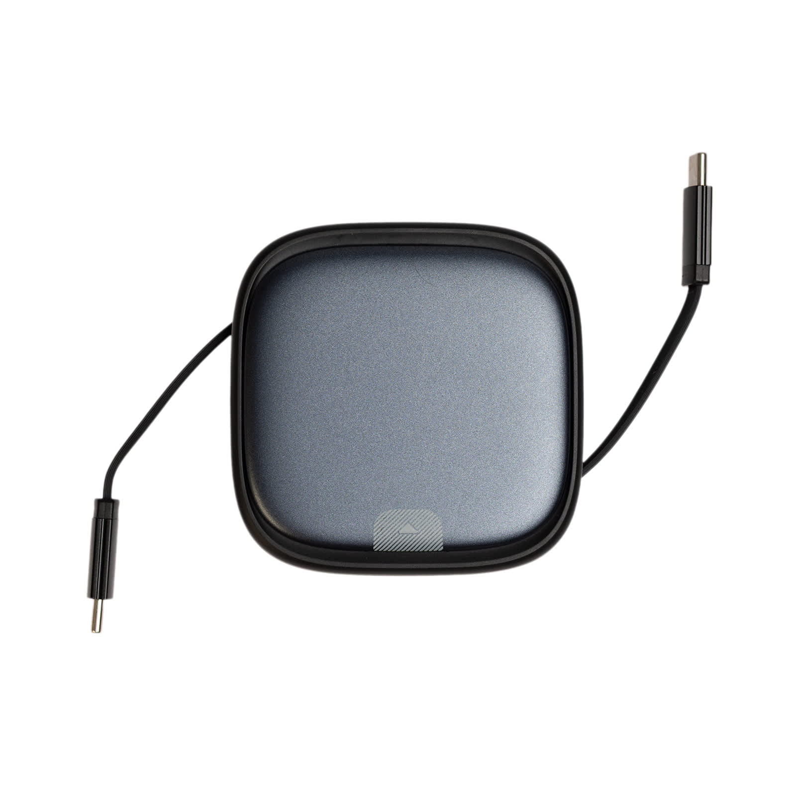 A grey, square retractable cable set with two charging connectors on either side, featuring a logo.