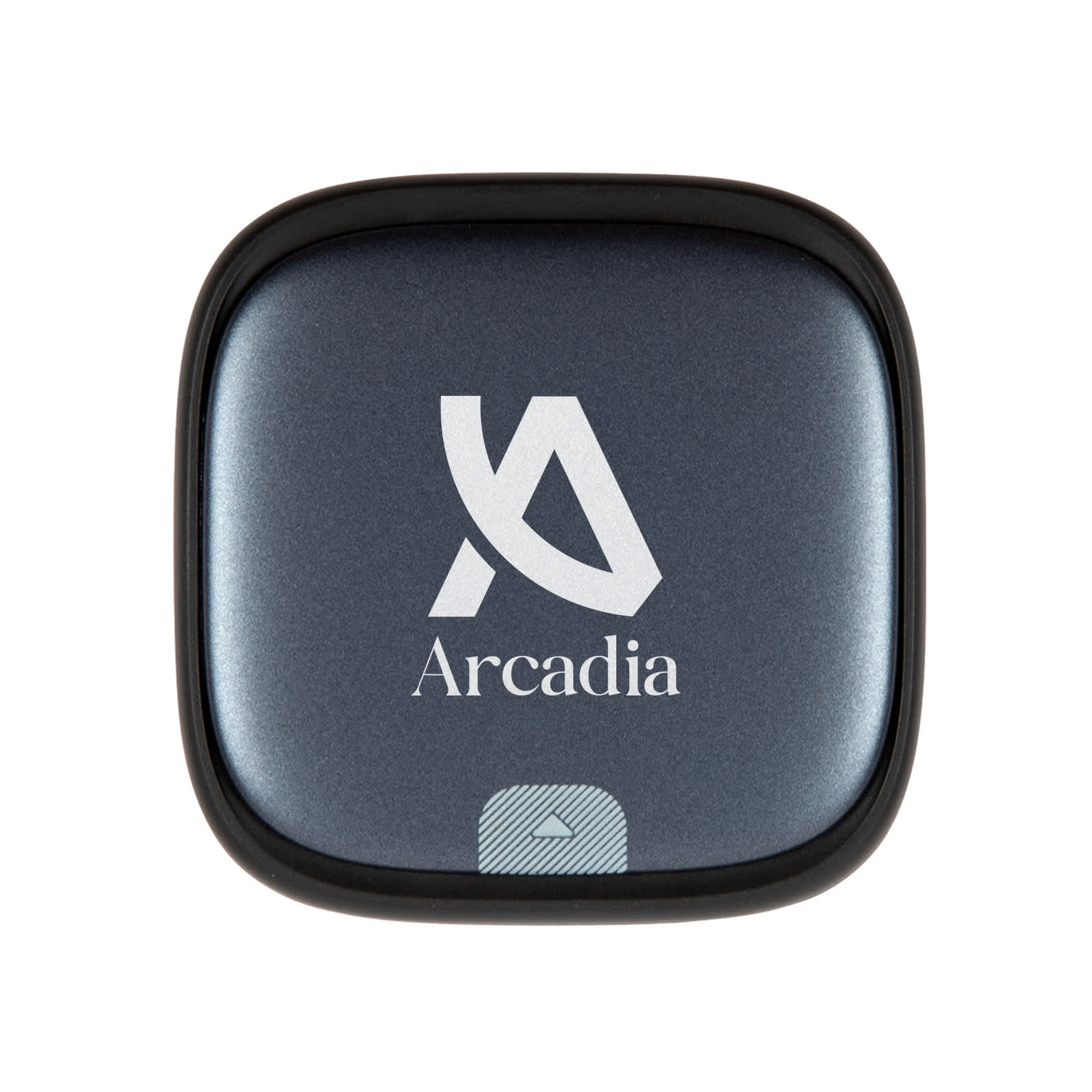 A compact charging cable set with a sleek design and the "Arcadia" logo prominently displayed on the top.