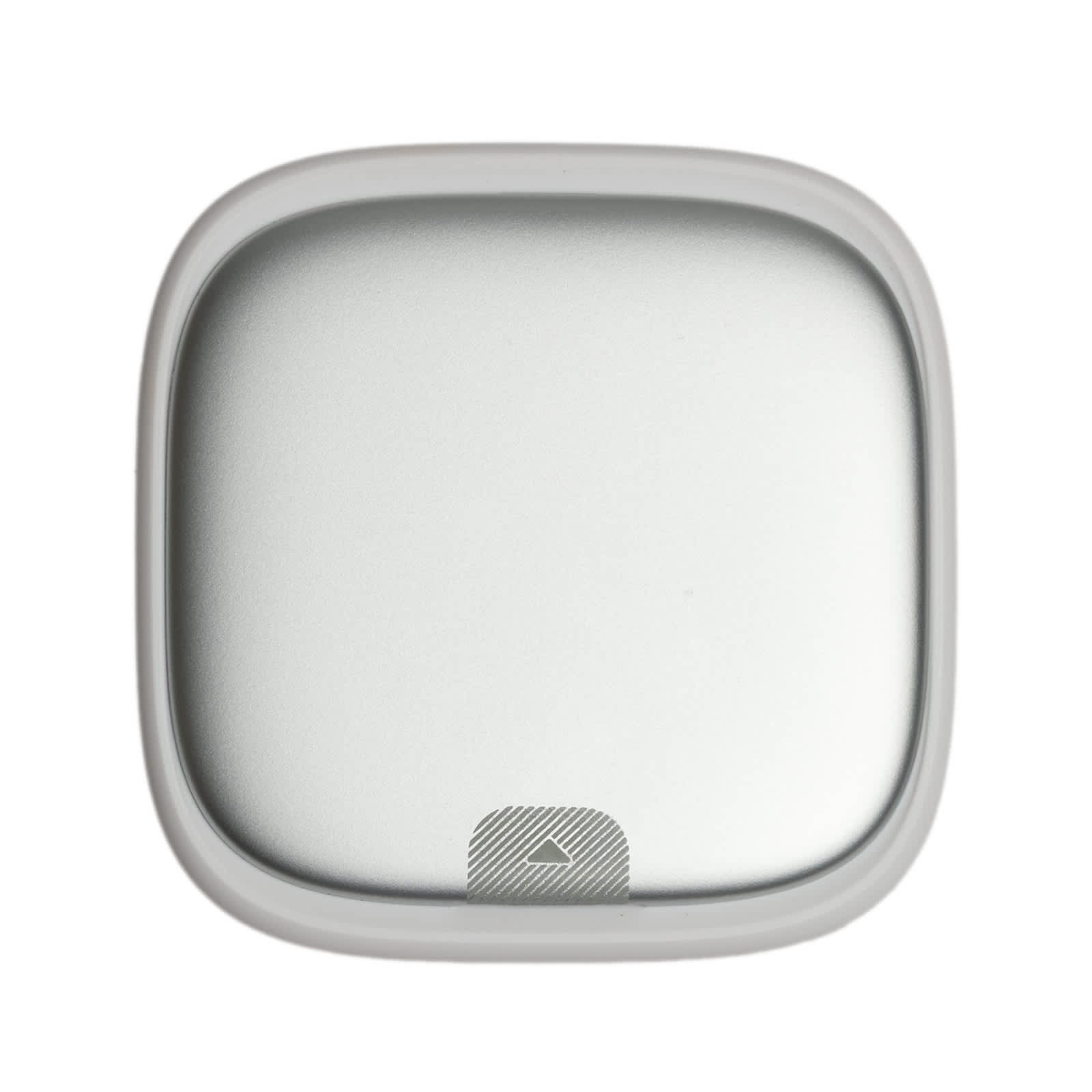 A retractable cable set in silver and grey, featuring a smooth, square design and a branding logo.