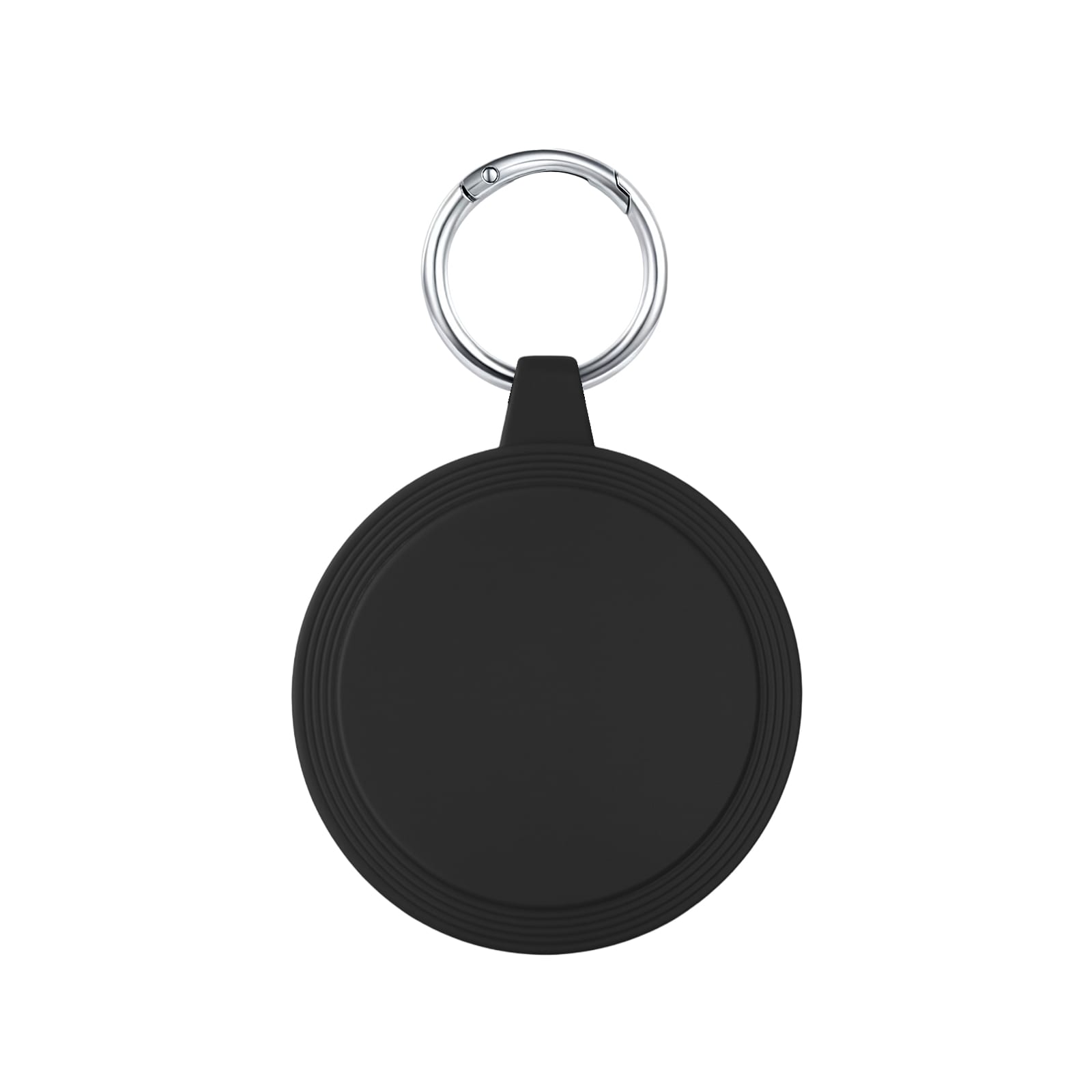 A circular black keyring with a metal clip, featuring a textured design on the edge.