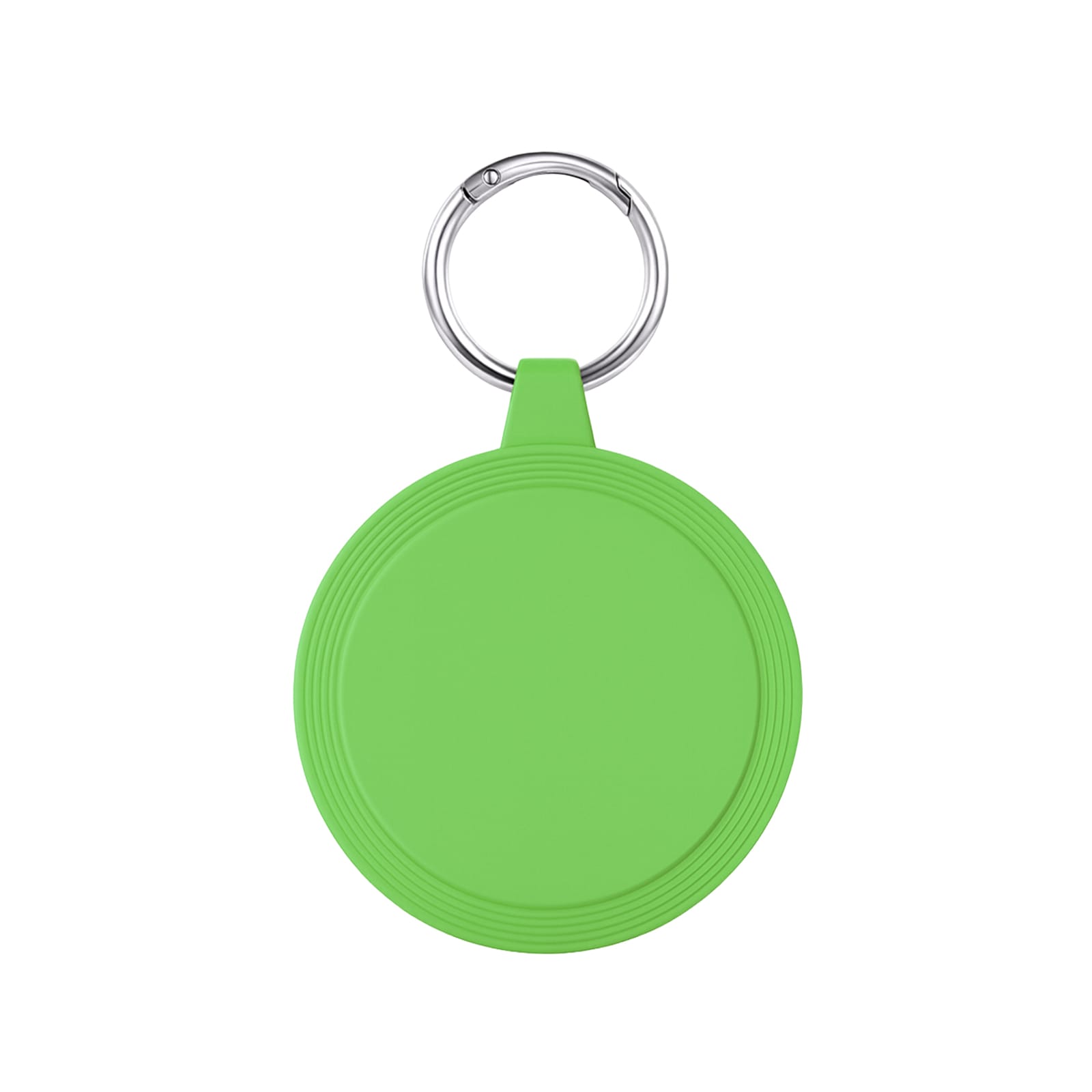 A green circular keychain with a metal ring, designed for attaching to keys or bags.