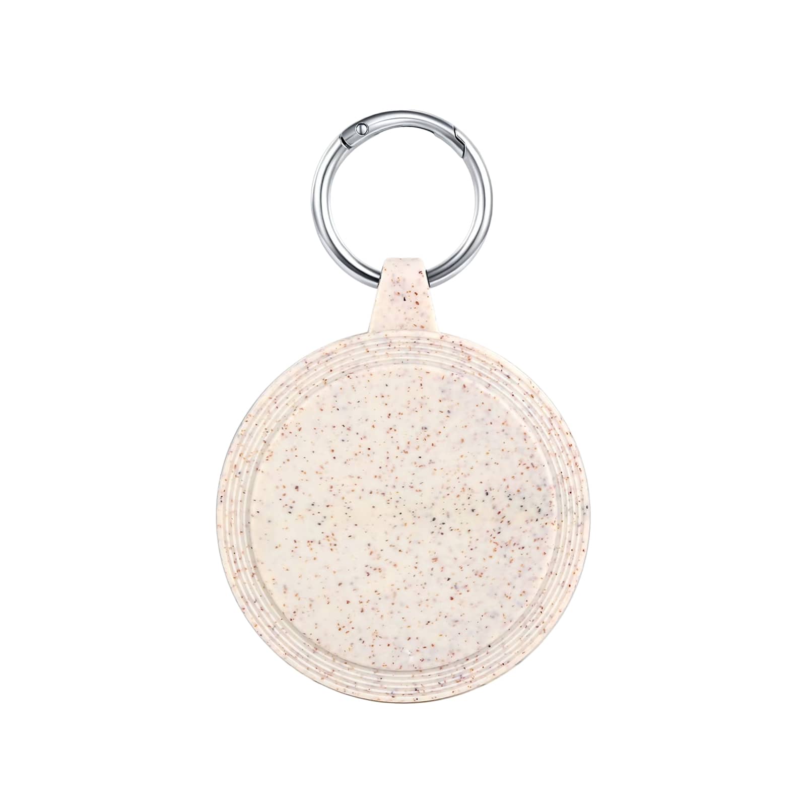 A circular eco-friendly keychain in pale colours, featuring a textured surface and a metal keyring attached.