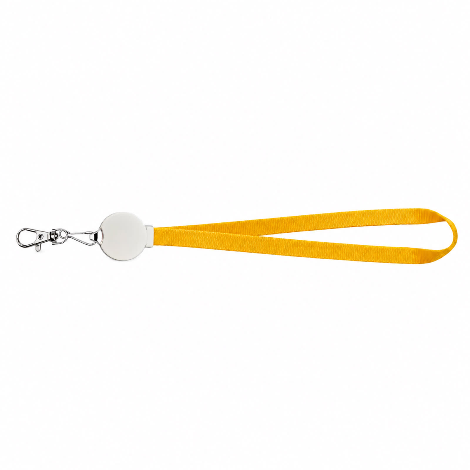 A yellow lanyard cable with a metal clip and a retractable reel, featuring a circular base.