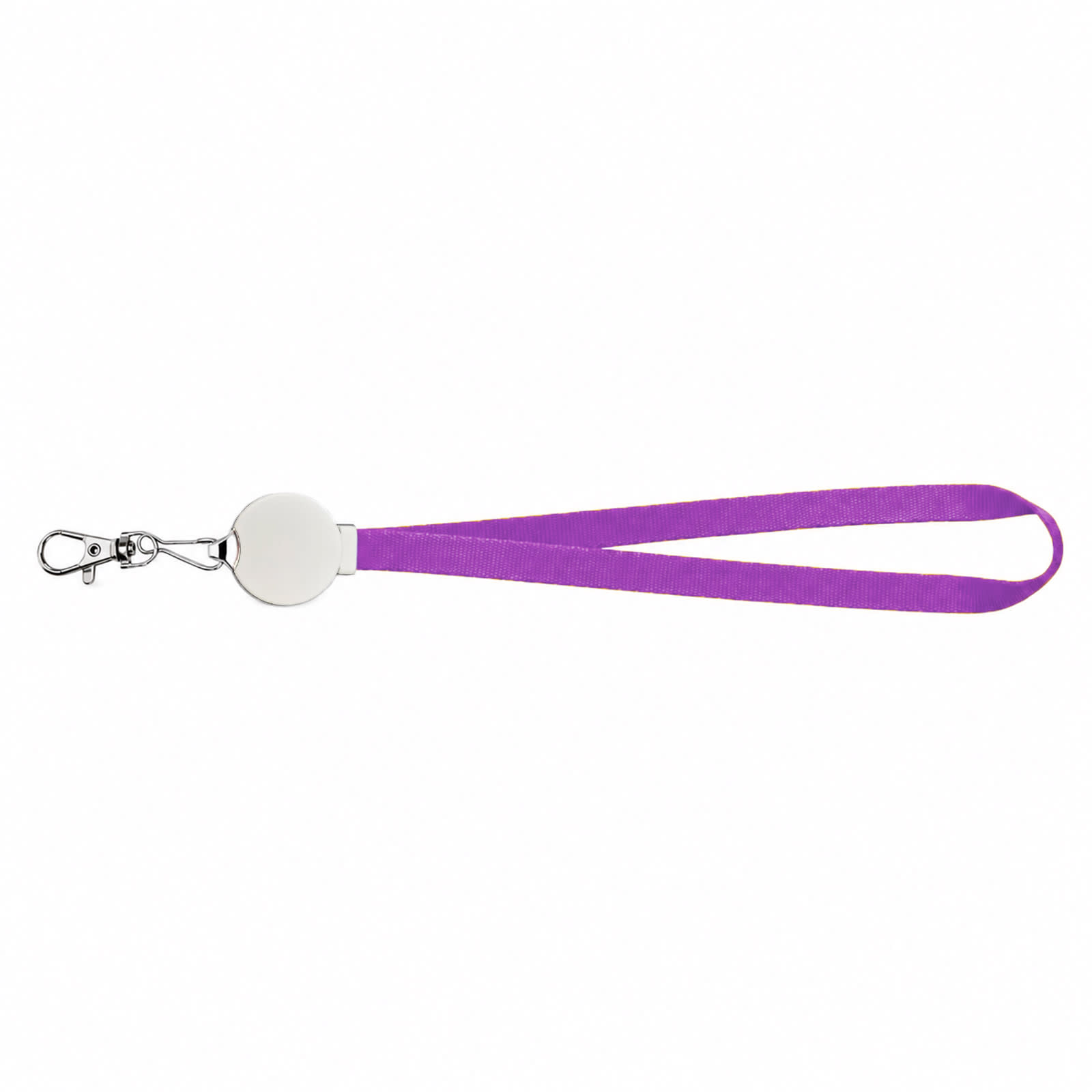 A purple lanyard cable with a round clip at one end and a metal attachment for securing items.