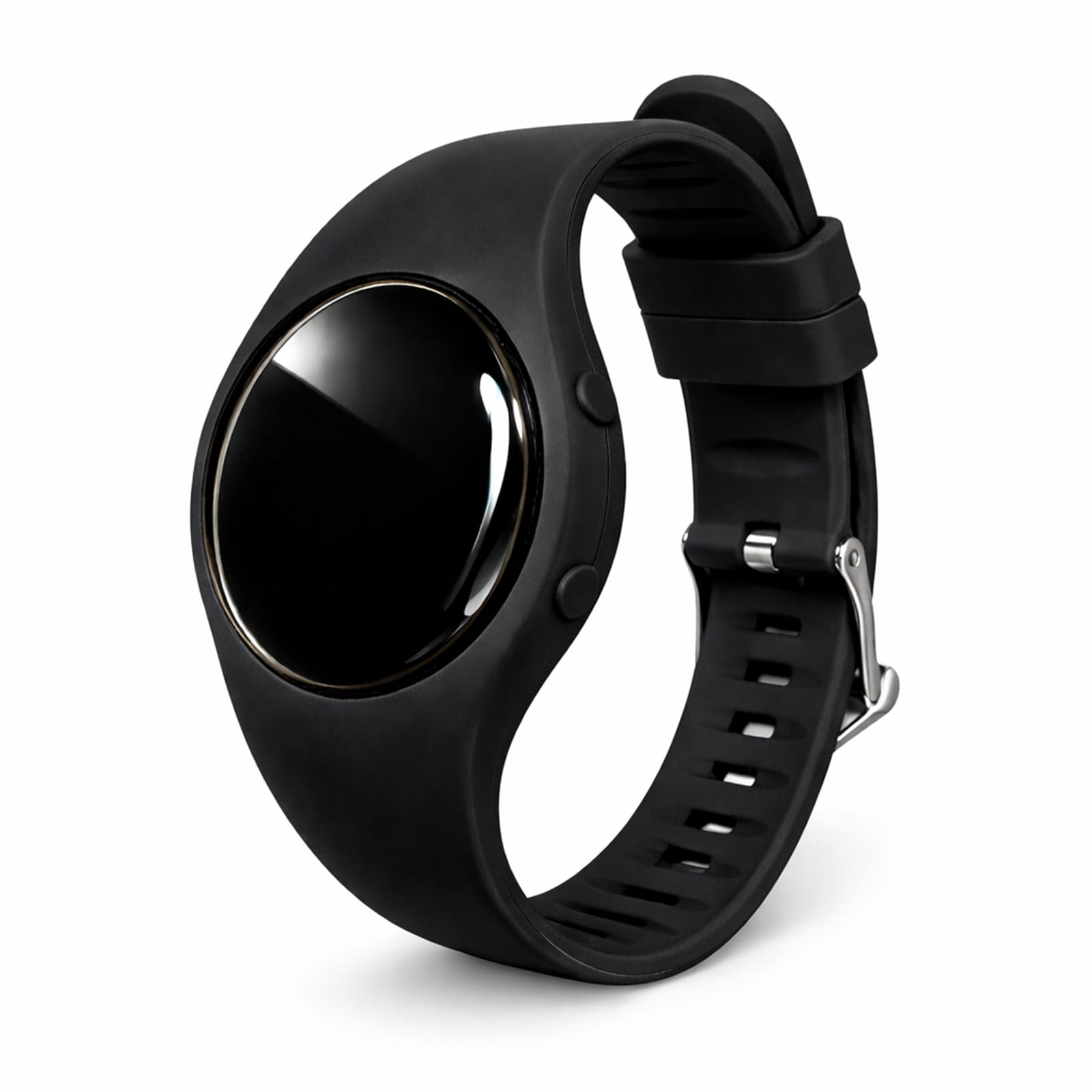 A black pedometer with a round display and adjustable strap, featuring a logo on the watch face.