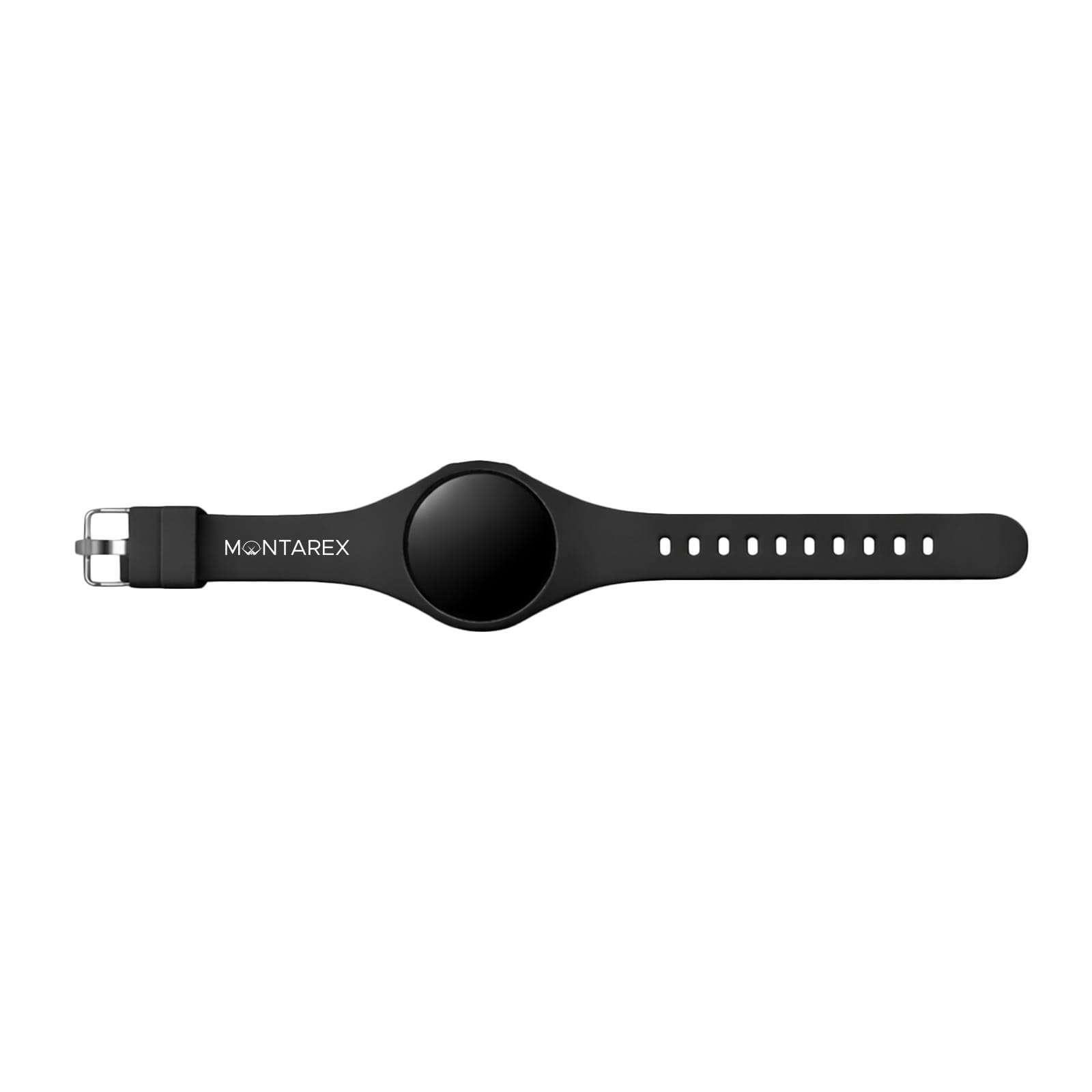 A black wristband pedometer with a circular display and adjustable strap. It features a logo on the band.