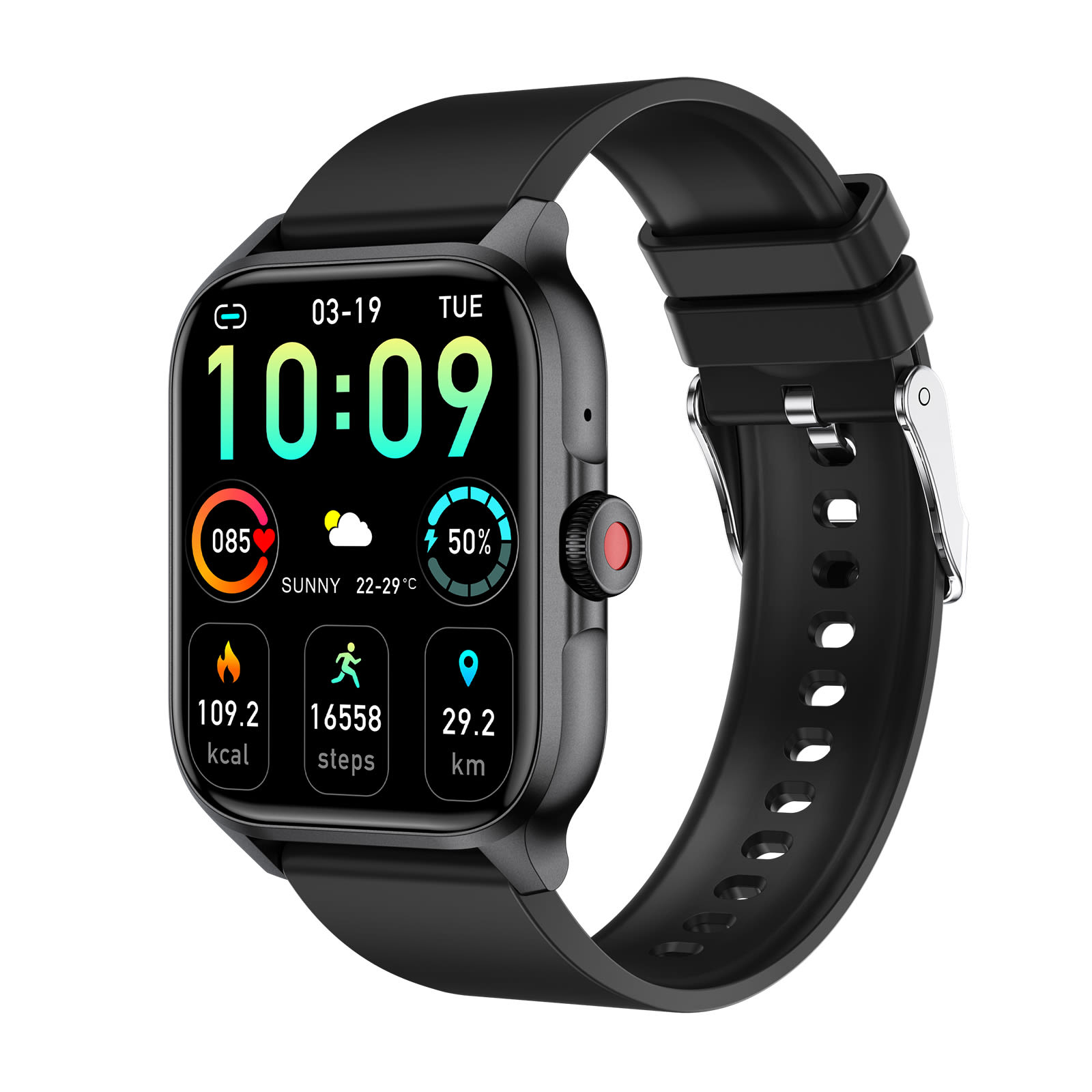 A black smart watch with a rectangular screen displaying various health metrics and icons. It has a band with holes for adjustment.