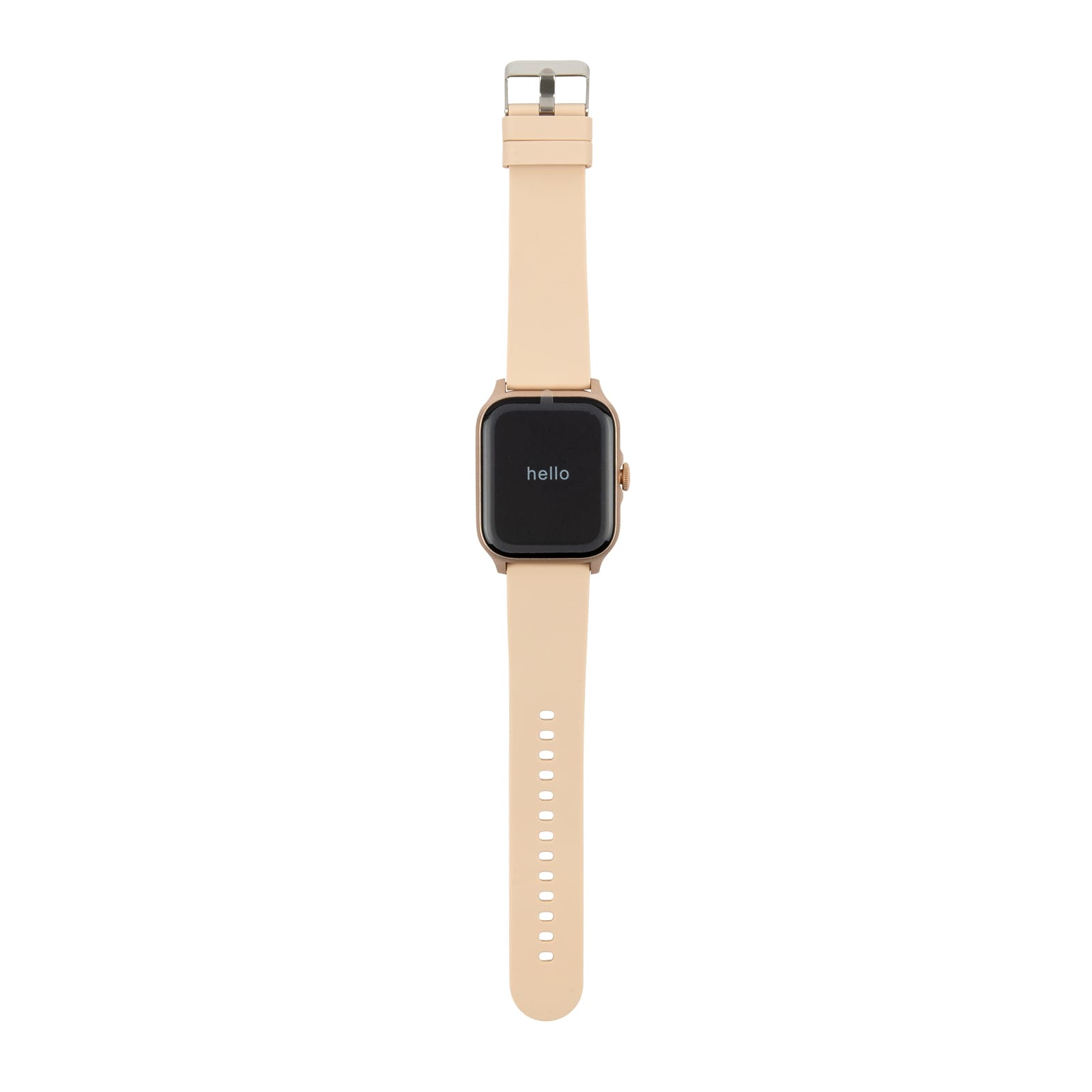 A smart watch with a square display and a beige silicone strap, featuring the word "hello" on the screen.