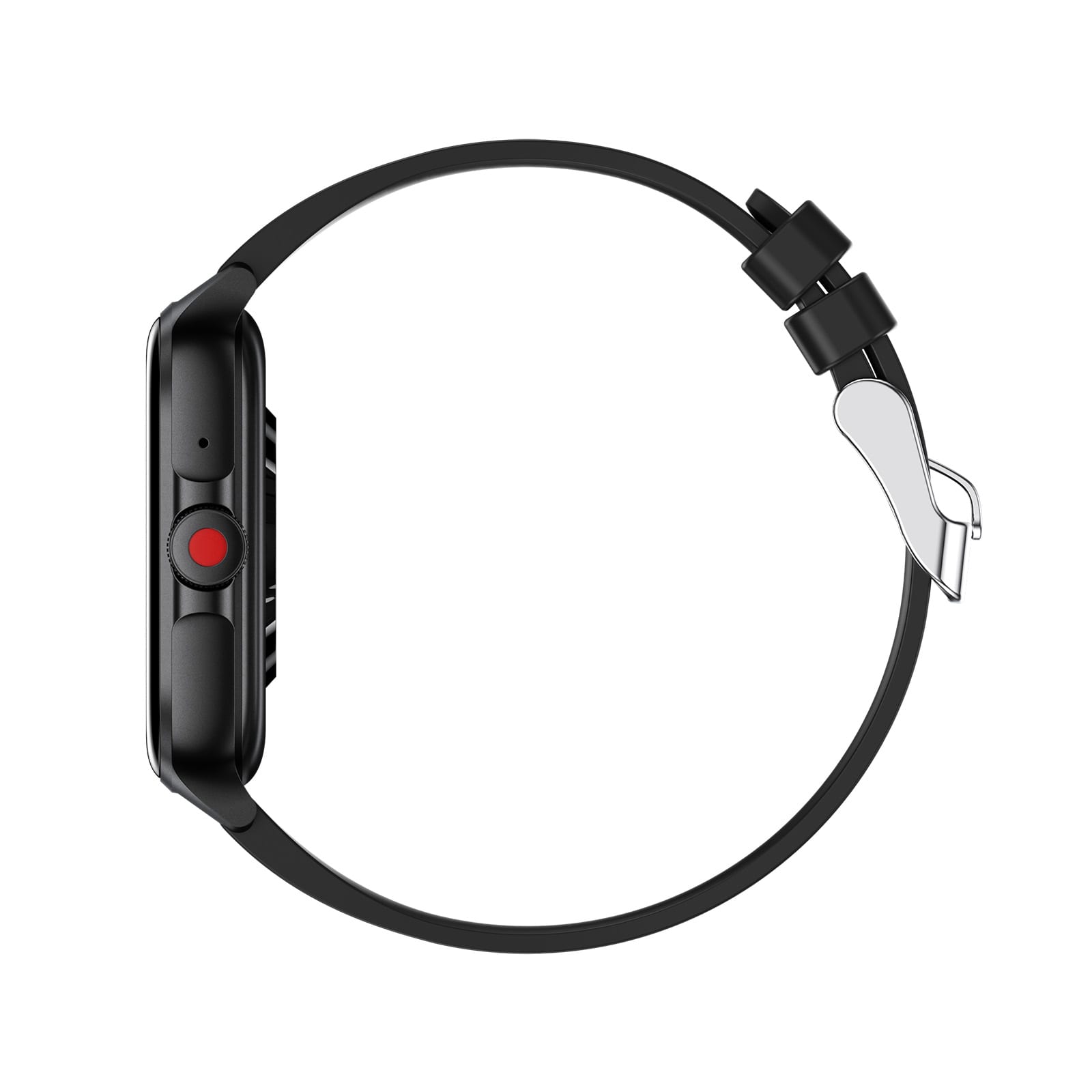 A sleek black smartwatch with a round face and a red button on the side, featuring a minimalist design and a black band.