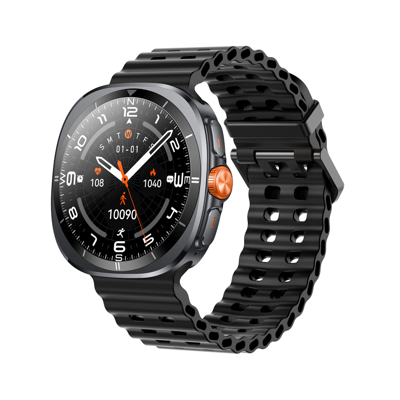 A black smartwatch with a round face, featuring orange accents and a perforated strap, showcasing a digital display.