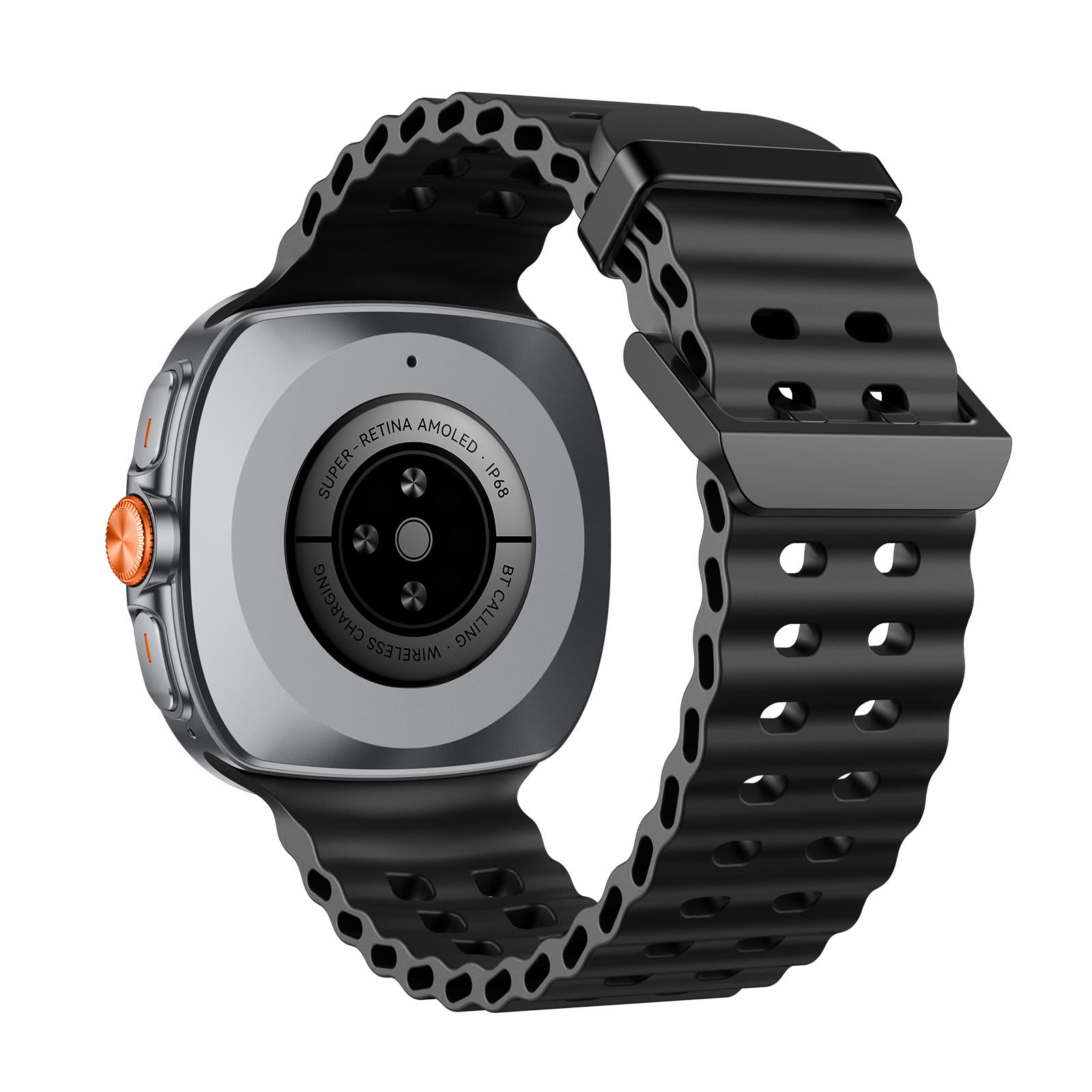 A sleek black smart watch featuring a silver casing and an orange button, with a black perforated strap.