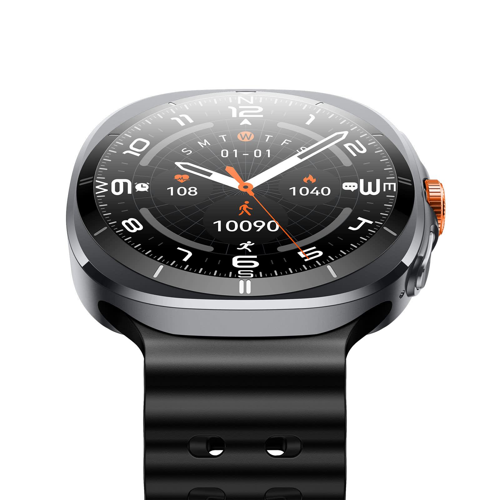 A smart watch featuring a black strap, round face, and multiple fitness tracking icons. It has a branded logo.
