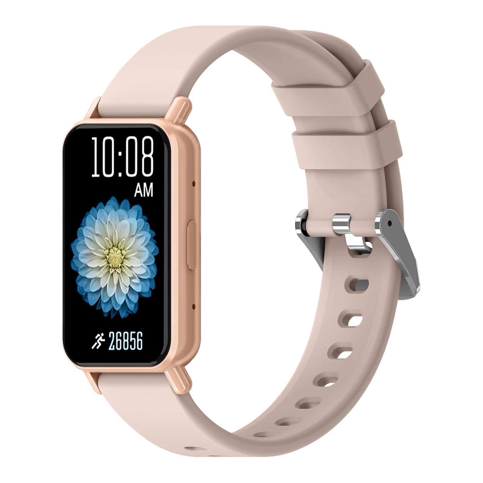 A slim smart watch with a rectangular face, featuring a beige strap and a floral display on the screen.