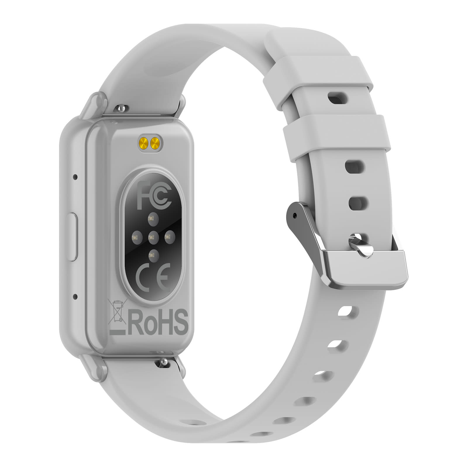 A grey slim smartwatch with a rectangular display and a soft strap, featuring a logo on the back.