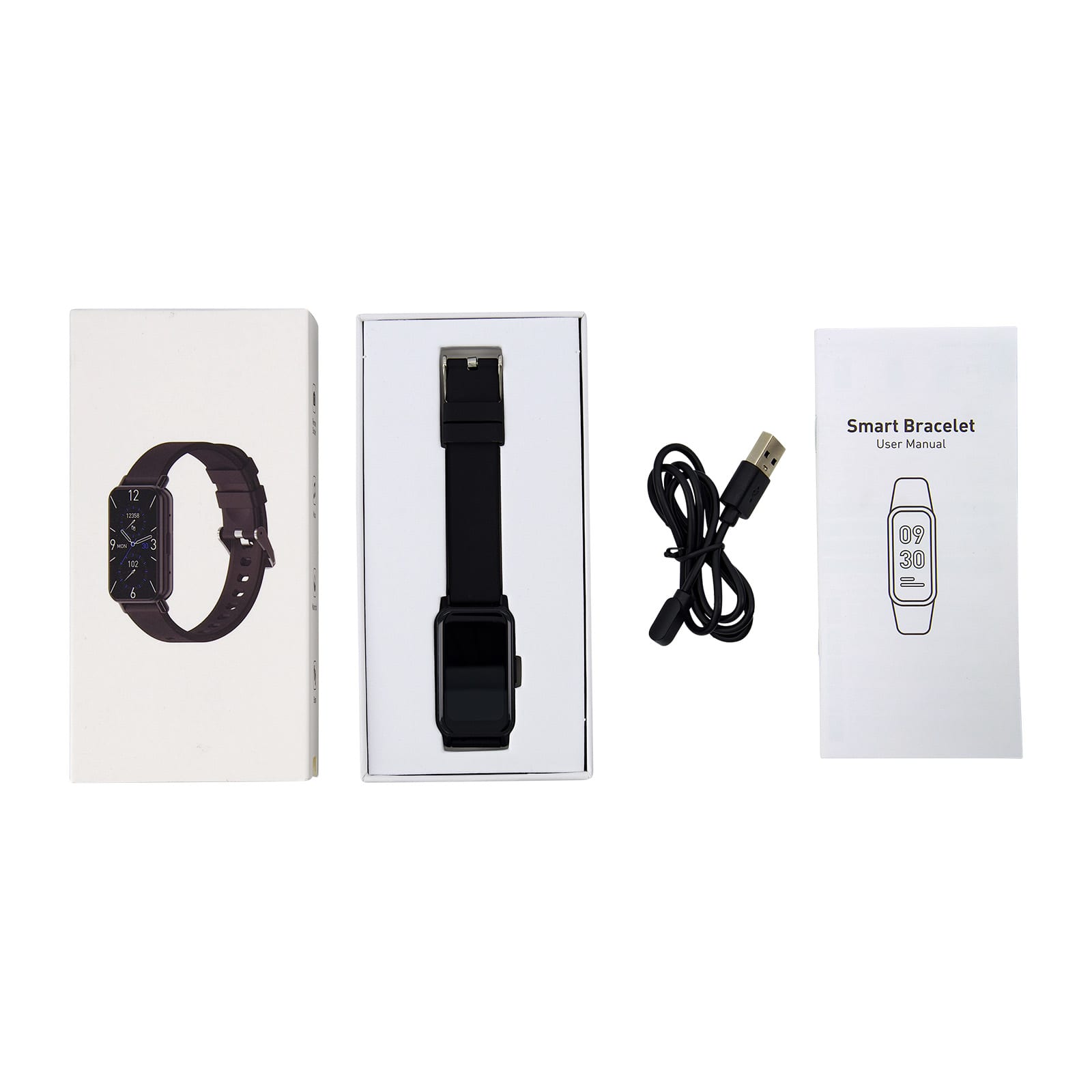 A slim black smart watch in a box, alongside a user manual and a USB charging cable.