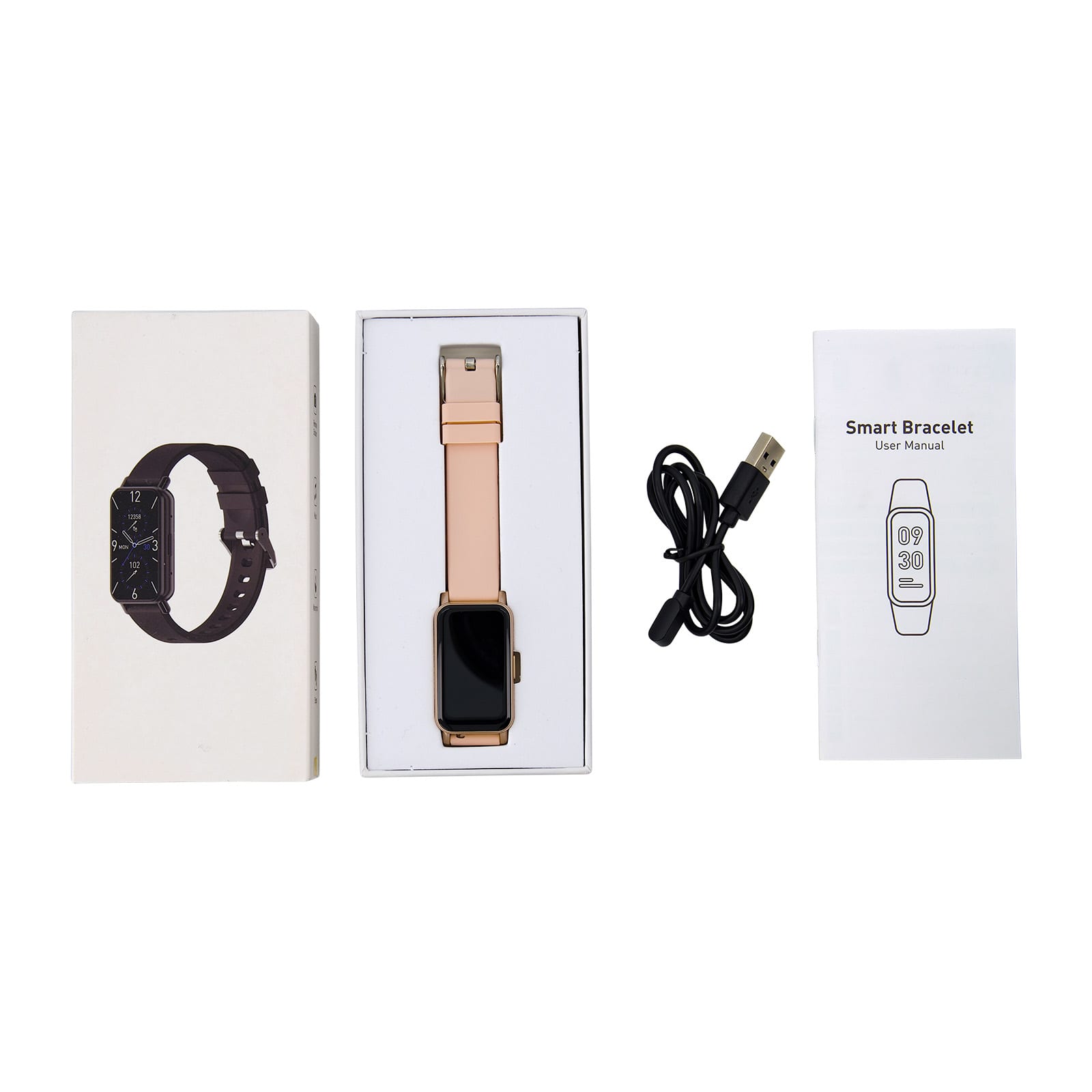 A slim smart watch in a box, featuring a light pink strap, a black screen, a charging cable, and a user manual.