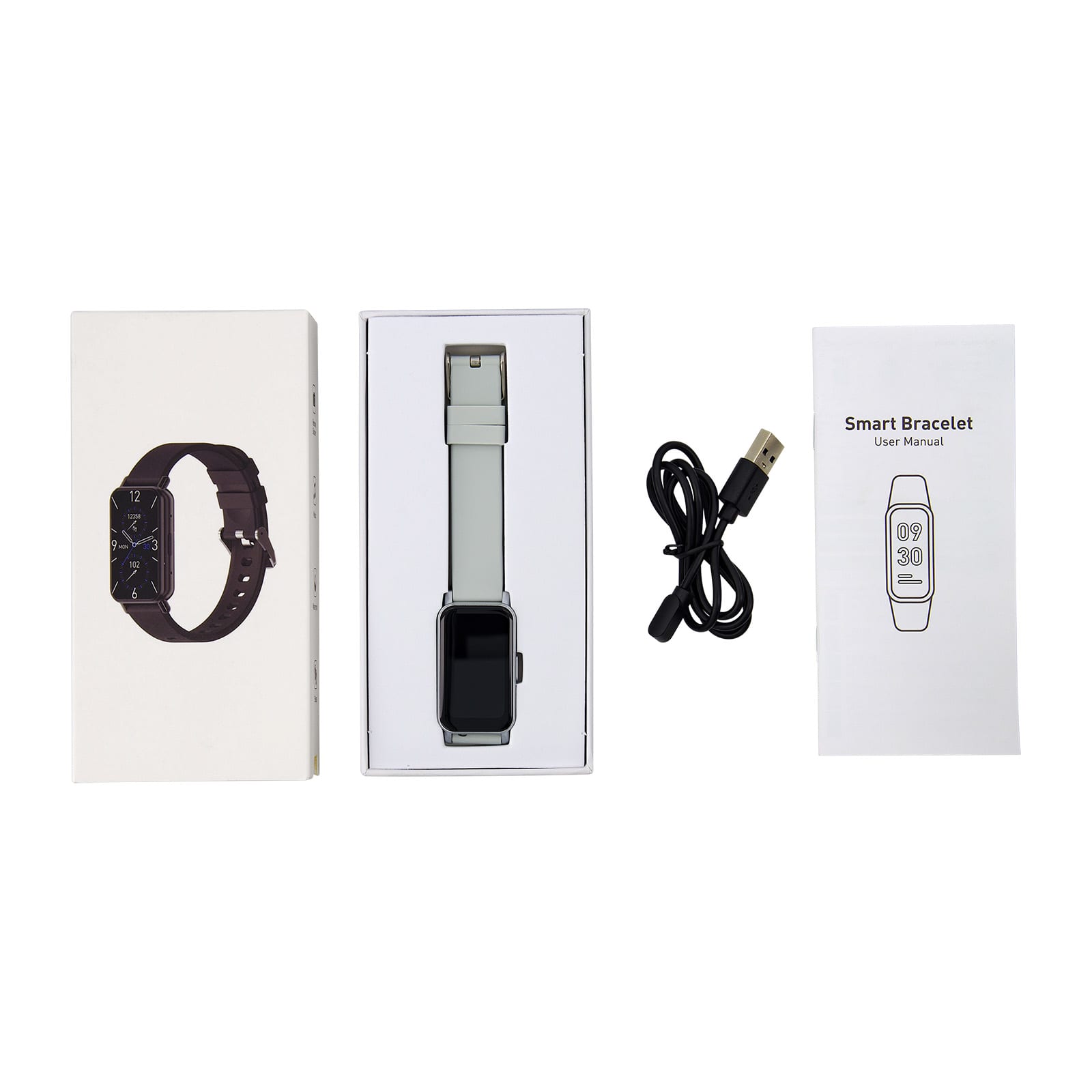 A slim smart watch in a box, featuring a grey strap, charging cable, user manual, and packaging with a dark watch design.