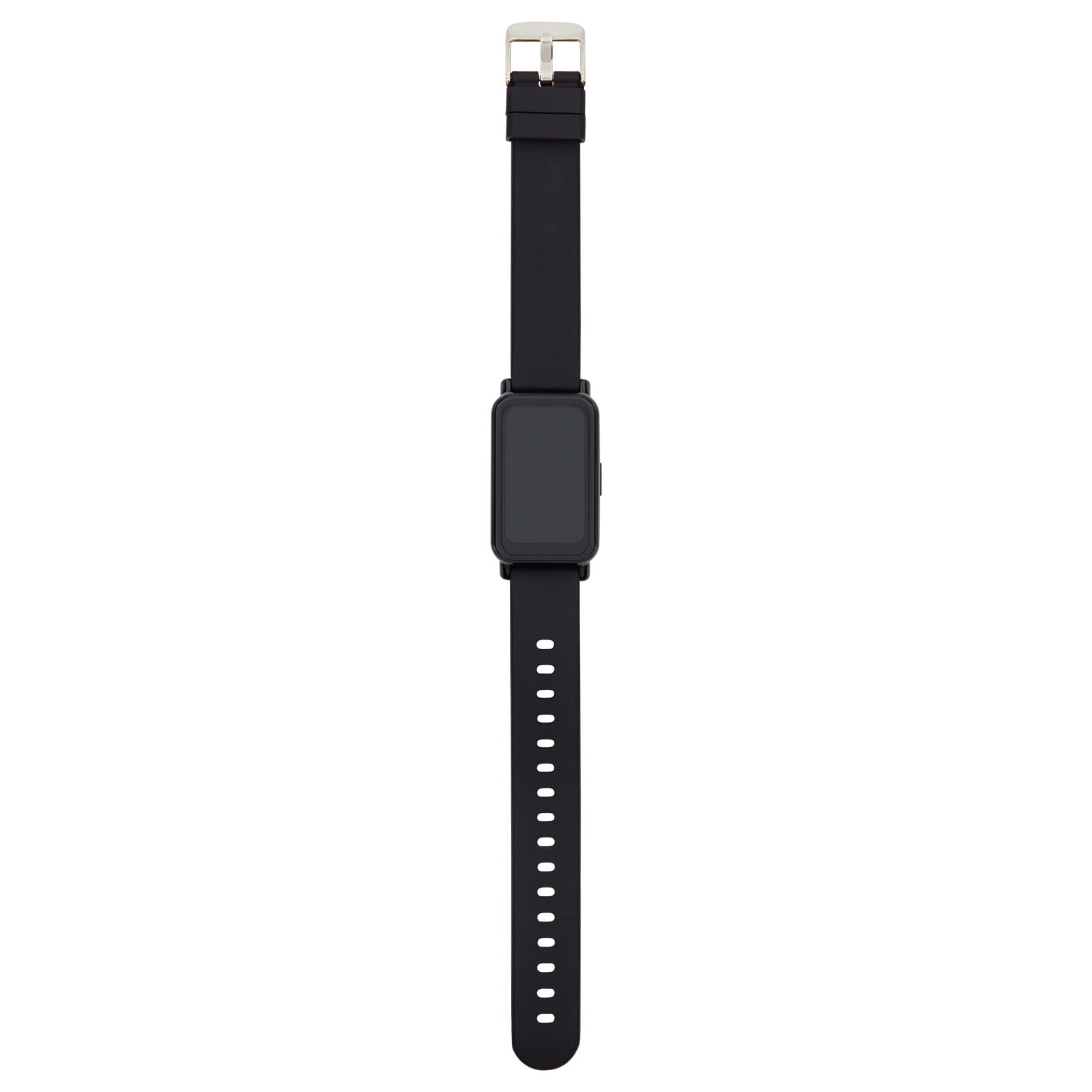 A sleek black smartwatch with a rectangular face and a rubber strap featuring multiple adjustment holes.