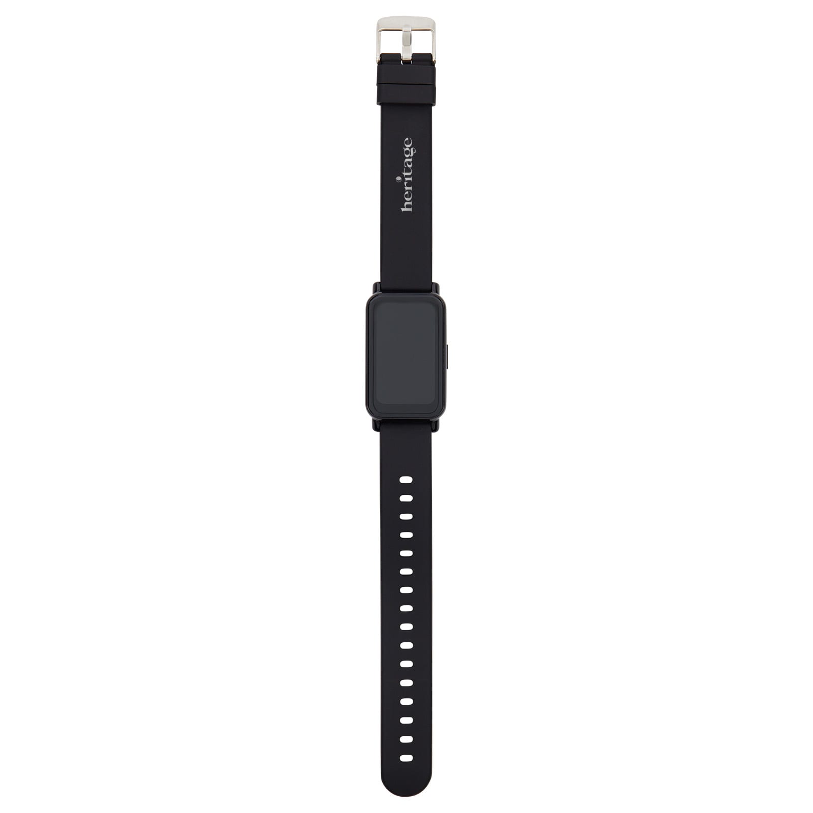 A slim black smart watch with a rectangular face and adjustable strap. It features a logo on the band.