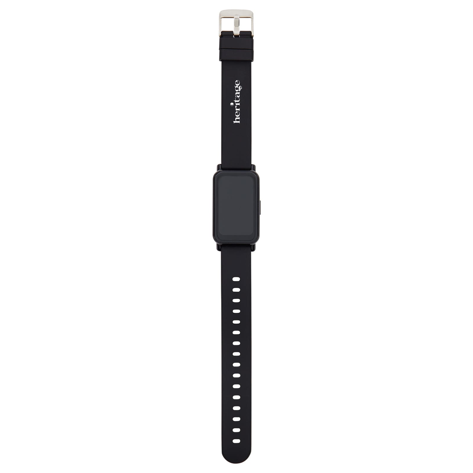 A slim black smartwatch with a rectangular face and adjustable strap, featuring a logo on the band.