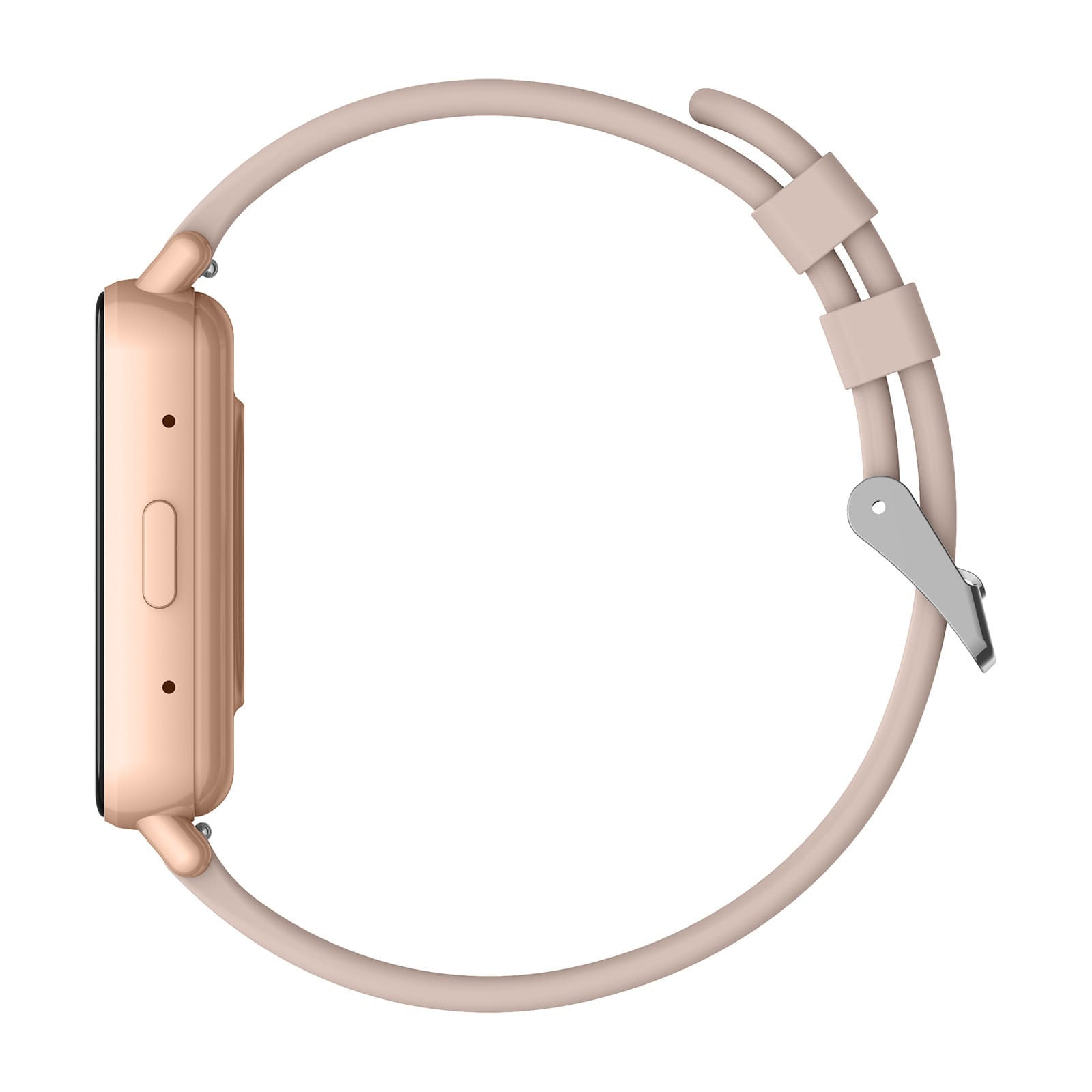 A slim smart watch with a rose gold case and a light pink strap, featuring a minimalist design and a fastening clip.