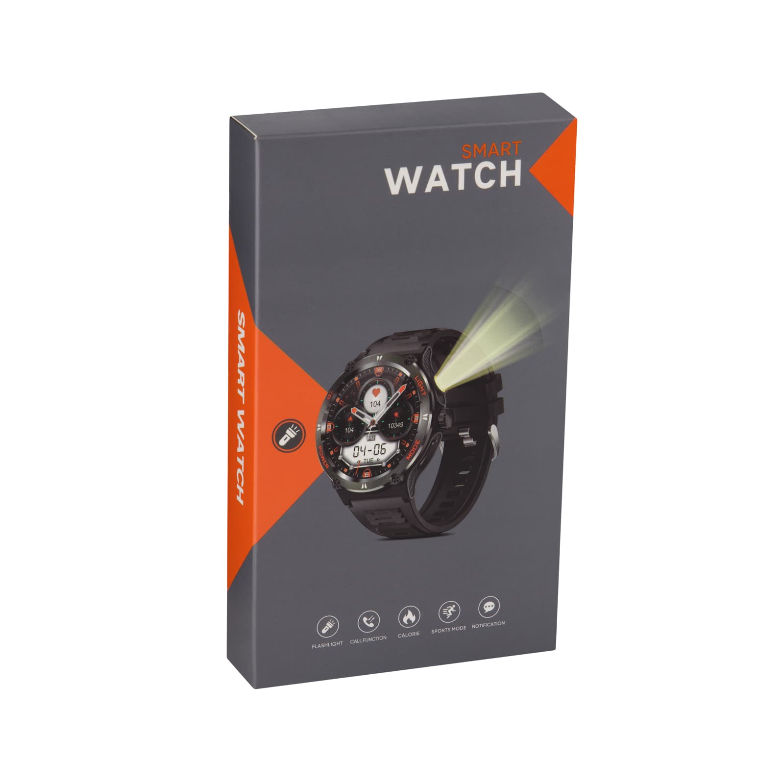 A black smart watch displayed on its packaging, featuring a digital face and a logo. The box has a modern design.