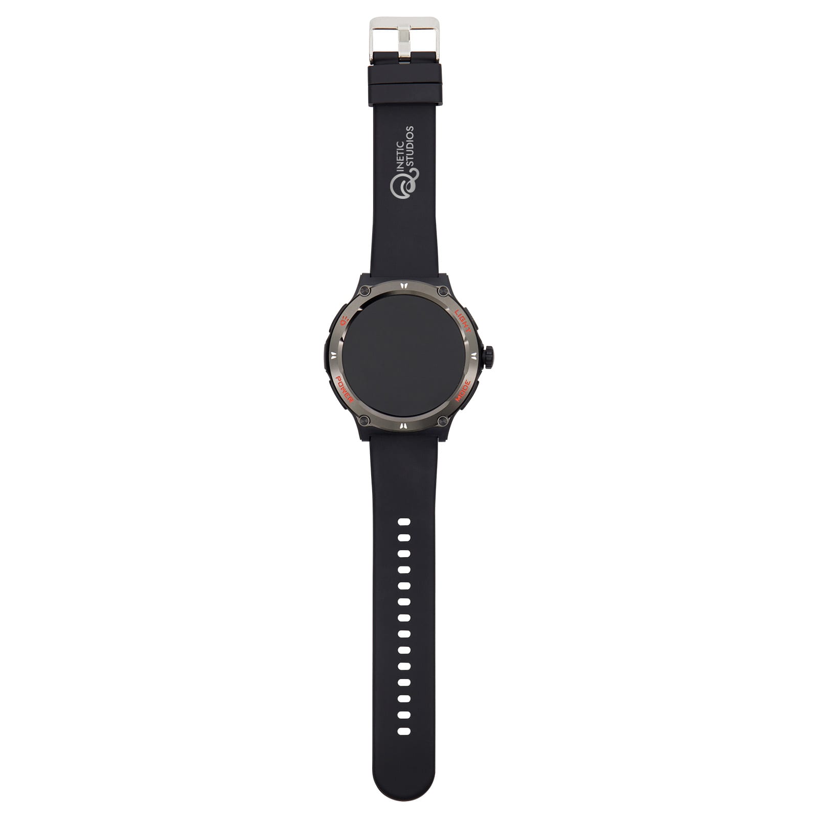 A black smart watch with a round face and a silicone strap, featuring a metallic bezel and a logo.