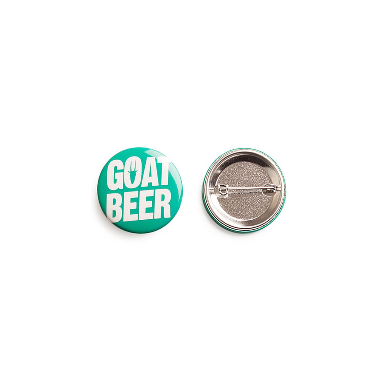 A teal 38mm round badge with a silver backing and a pin. It features bold white text and has a logo.