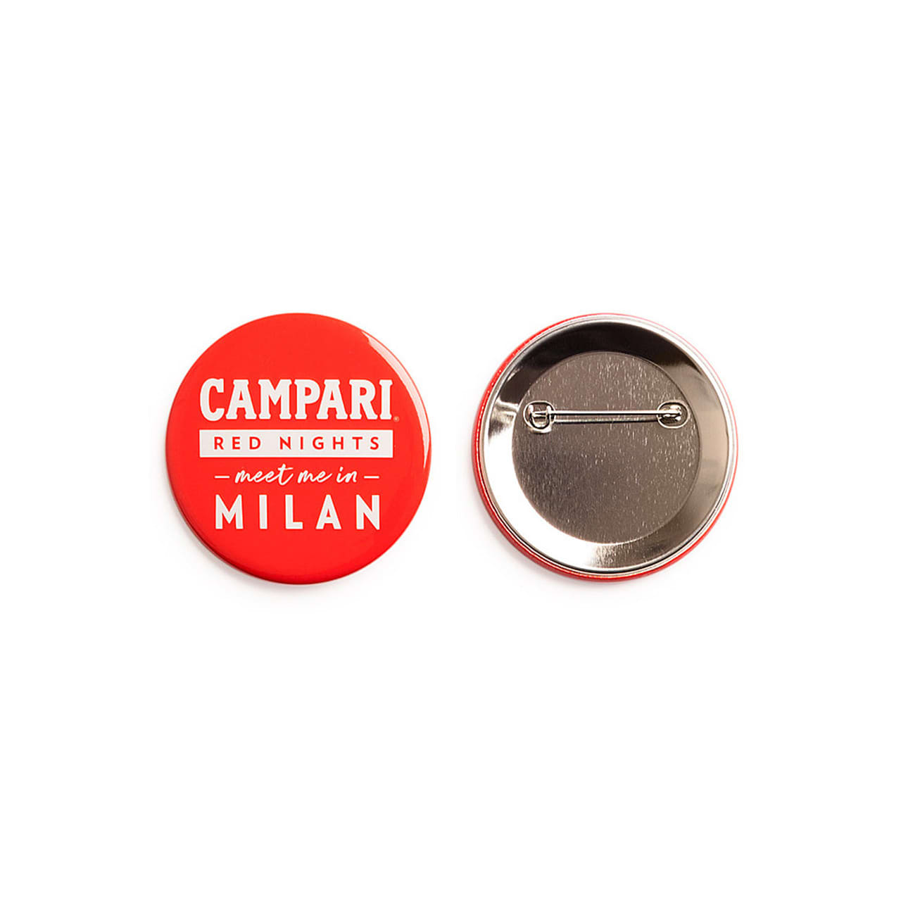 A red 57mm round badge with a shiny silver back and a pin. It features a logo.