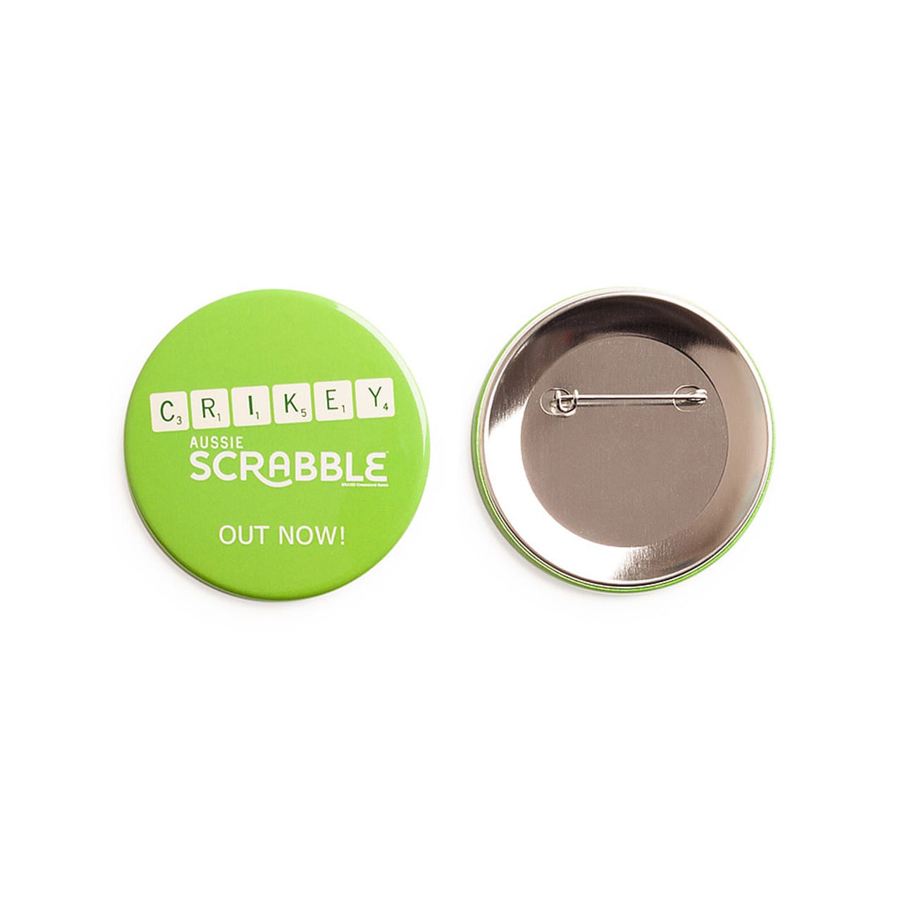 A round badge in vibrant green with a back featuring a pin for attachment.