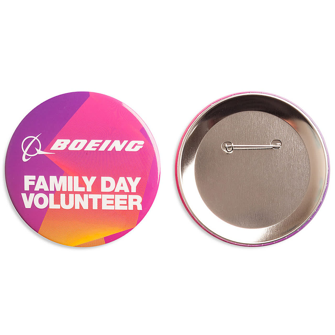 A round badge with a pink and purple design featuring a logo and a metal pin back.